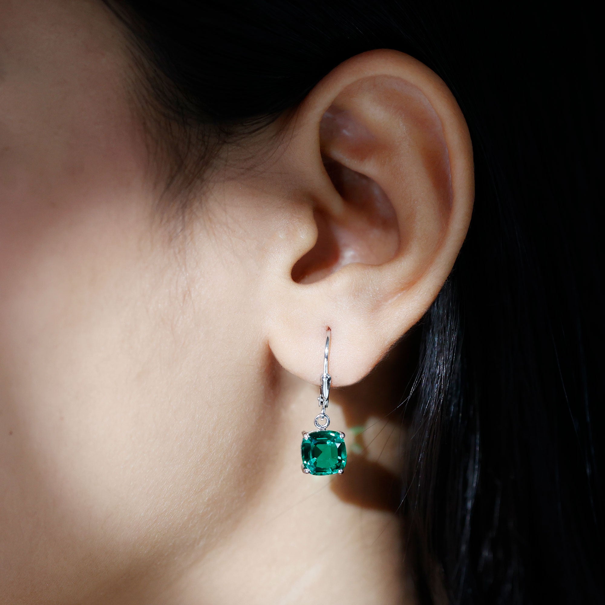 Cushion Cut Solitaire Created Emerald Drop Earrings in Silver Lab Created Emerald - ( AAAA ) - Quality 92.5 Sterling Silver - Rosec Jewels