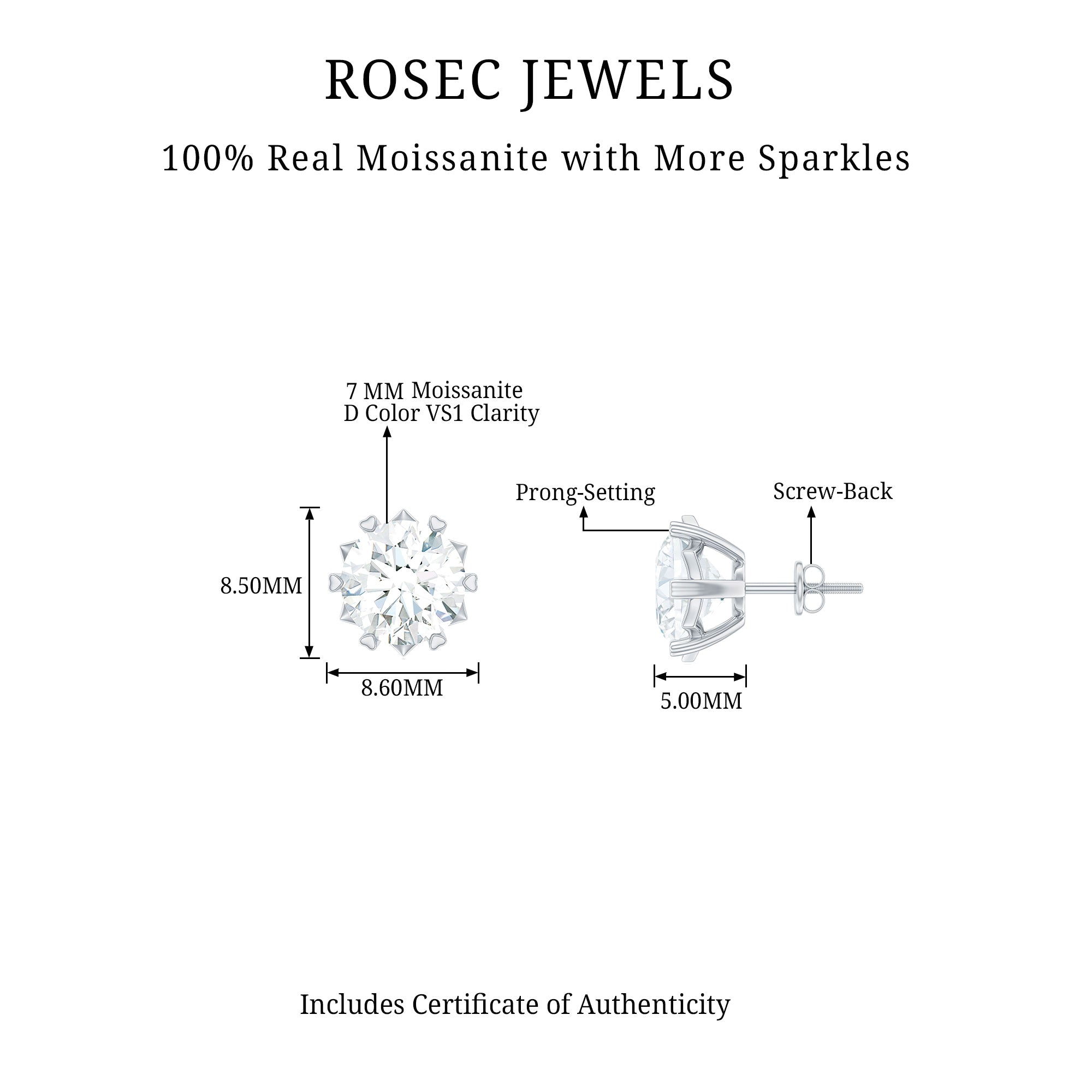 Round Moissanite Solitaire Silver Stud Earrings in Decorative Setting Moissanite - ( D-VS1 ) - Color and Clarity 92.5 Sterling Silver - Rosec Jewels