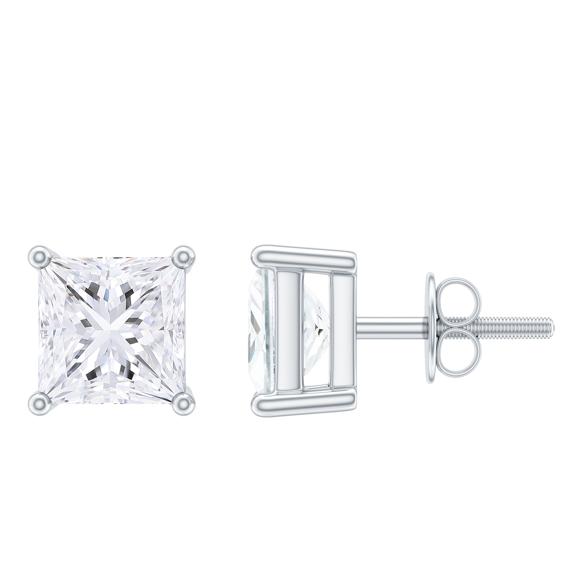 6 MM Solitaire Princess Cut Certified Moissanite Stud Earrings in Silver Moissanite - ( D-VS1 ) - Color and Clarity 92.5 Sterling Silver - Rosec Jewels