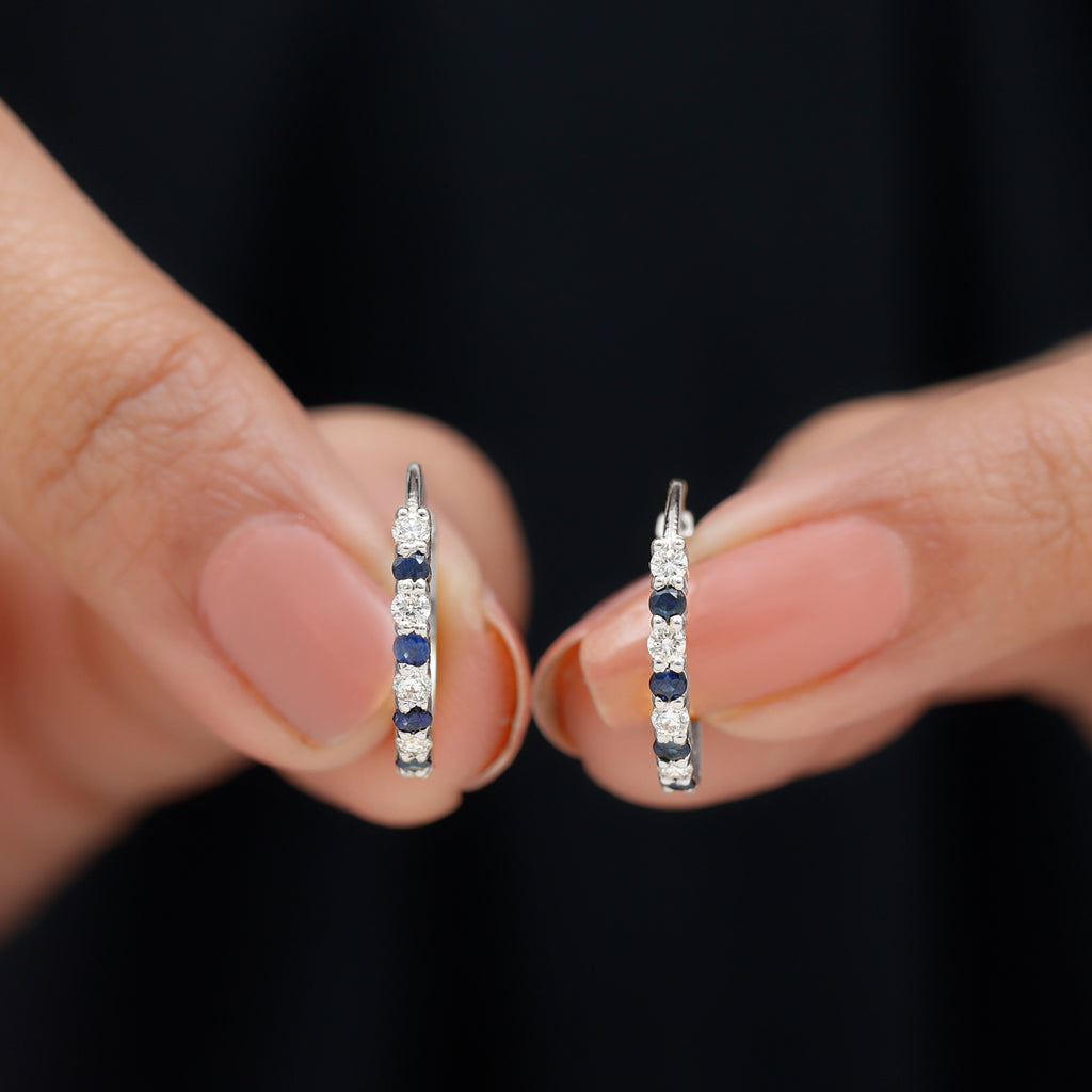 Minimal Hoop Earrings with Blue Sapphire and Moissanite in Gold Blue Sapphire - ( AAA ) - Quality - Rosec Jewels