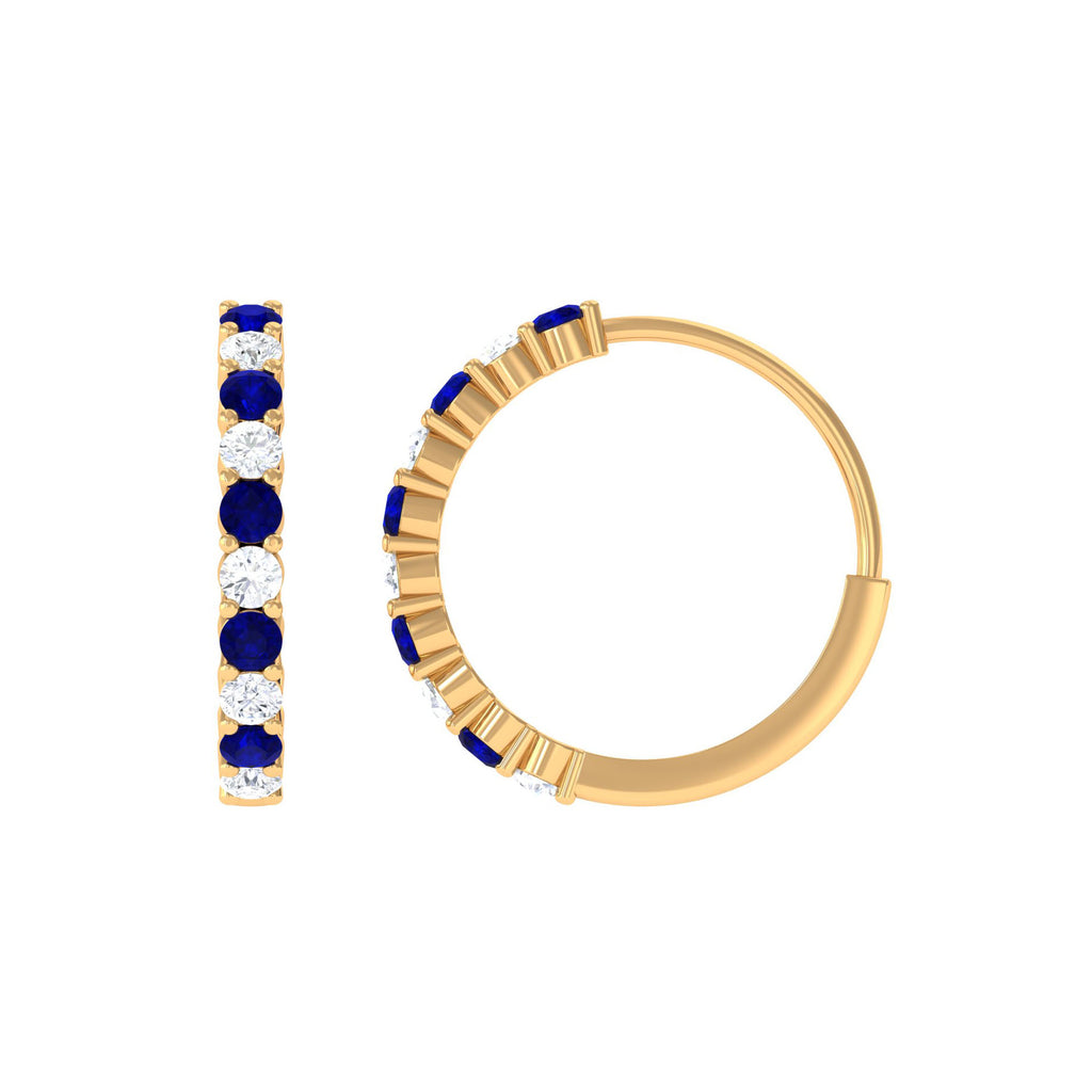 Minimal Hoop Earrings with Blue Sapphire and Moissanite in Gold Blue Sapphire - ( AAA ) - Quality - Rosec Jewels