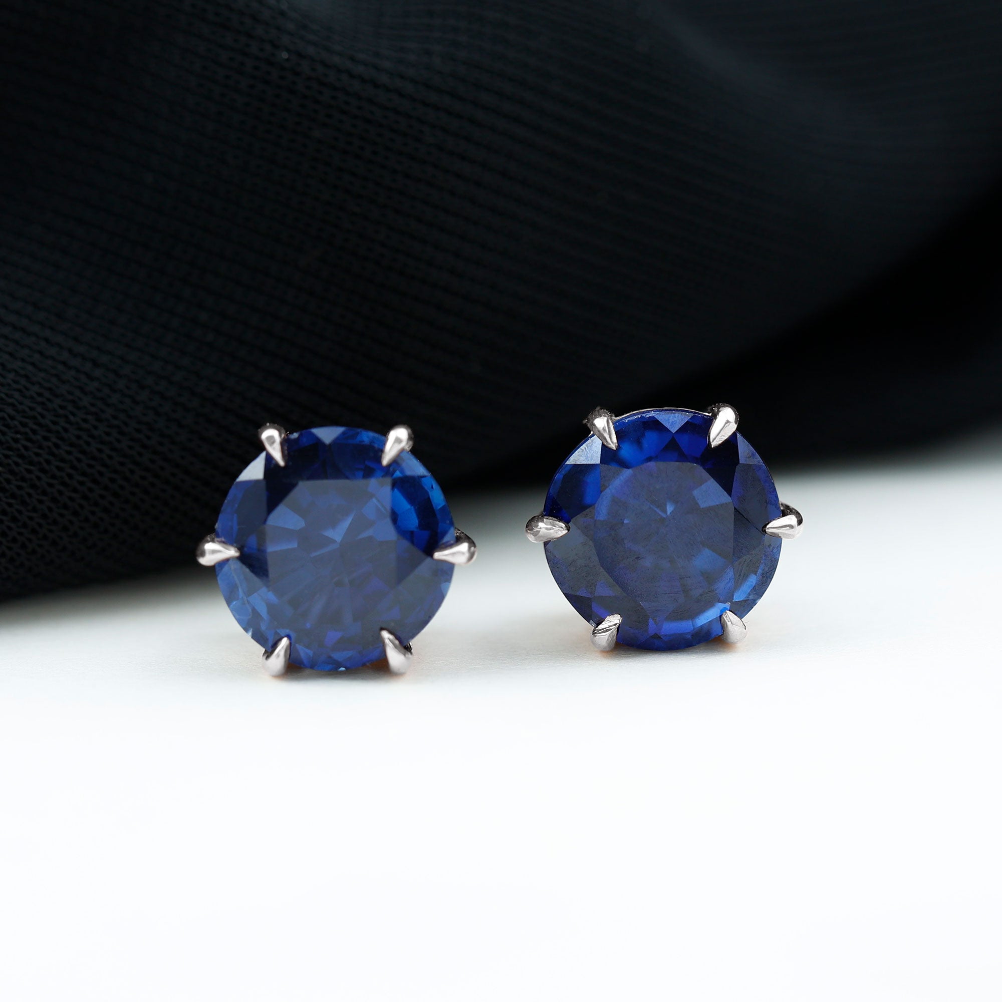 Round Lab Grown Blue Sapphire Solitaire Stud Earrings in 6 Claw Prong Setting Lab Created Blue Sapphire - ( AAAA ) - Quality - Rosec Jewels