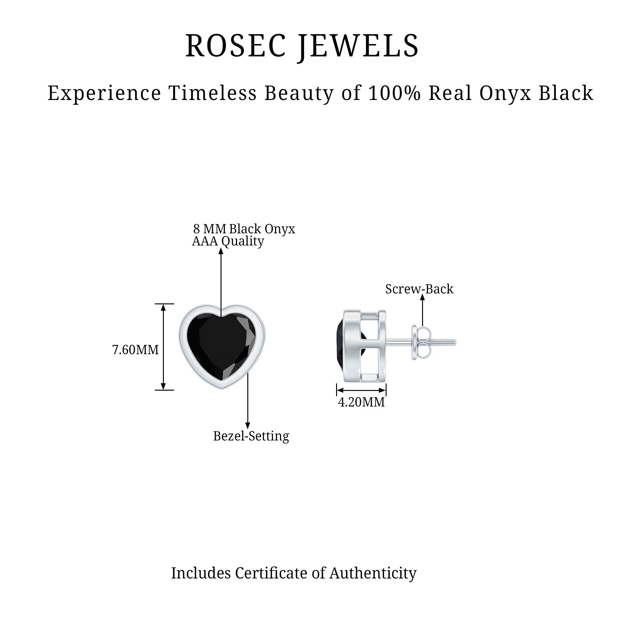 2.5 CT Bezel Set Heart Cut Black Onyx Solitaire Stud Earring in Silver Black Onyx - ( AAA ) - Quality 92.5 Sterling Silver - Rosec Jewels