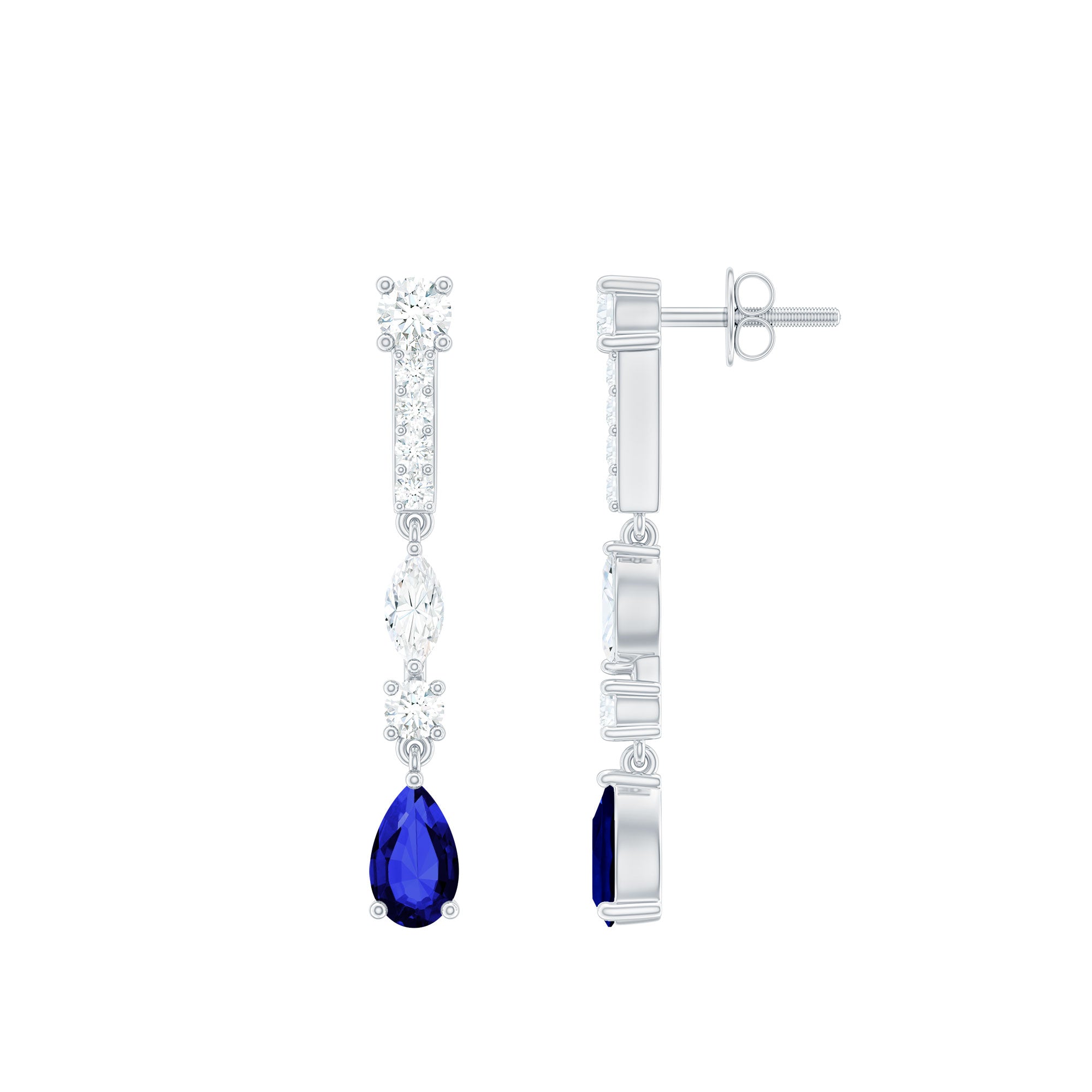 Pear Cut Created Blue Sapphire and Moissanite Silver Long Dangle Earrings Lab Created Blue Sapphire - ( AAAA ) - Quality 92.5 Sterling Silver - Rosec Jewels