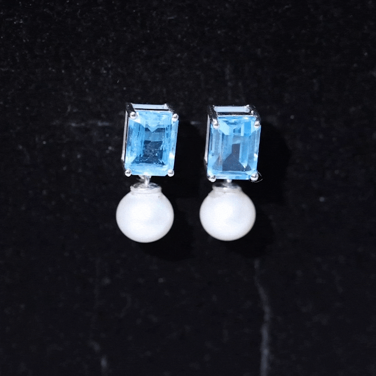 Emerald Cut Swiss Blue Topaz and Freshwater Pearl Drop Earrings Freshwater Pearl - ( AAA ) - Quality - Rosec Jewels