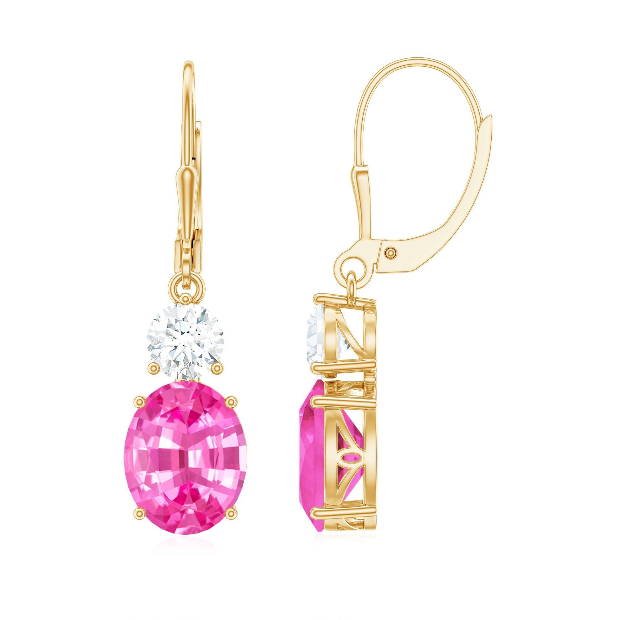 Oval Shape Created Pink Sapphire Drop Earrings With Leverback Lab Created Pink Sapphire - ( AAAA ) - Quality - Rosec Jewels