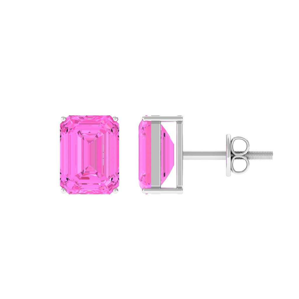 Emerald Cut Created Pink Sapphire Solitaire Stud Earrings Lab Created Pink Sapphire - ( AAAA ) - Quality - Rosec Jewels