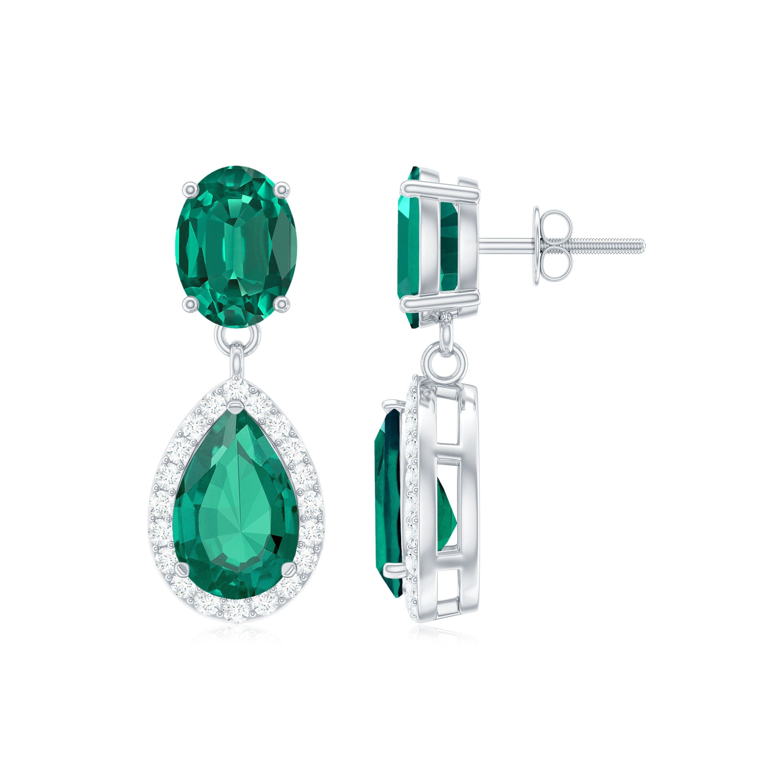 4.25 CT Created Emerald Classic Silver Dangle Earrings with Zircon Lab Created Emerald - ( AAAA ) - Quality 92.5 Sterling Silver - Rosec Jewels