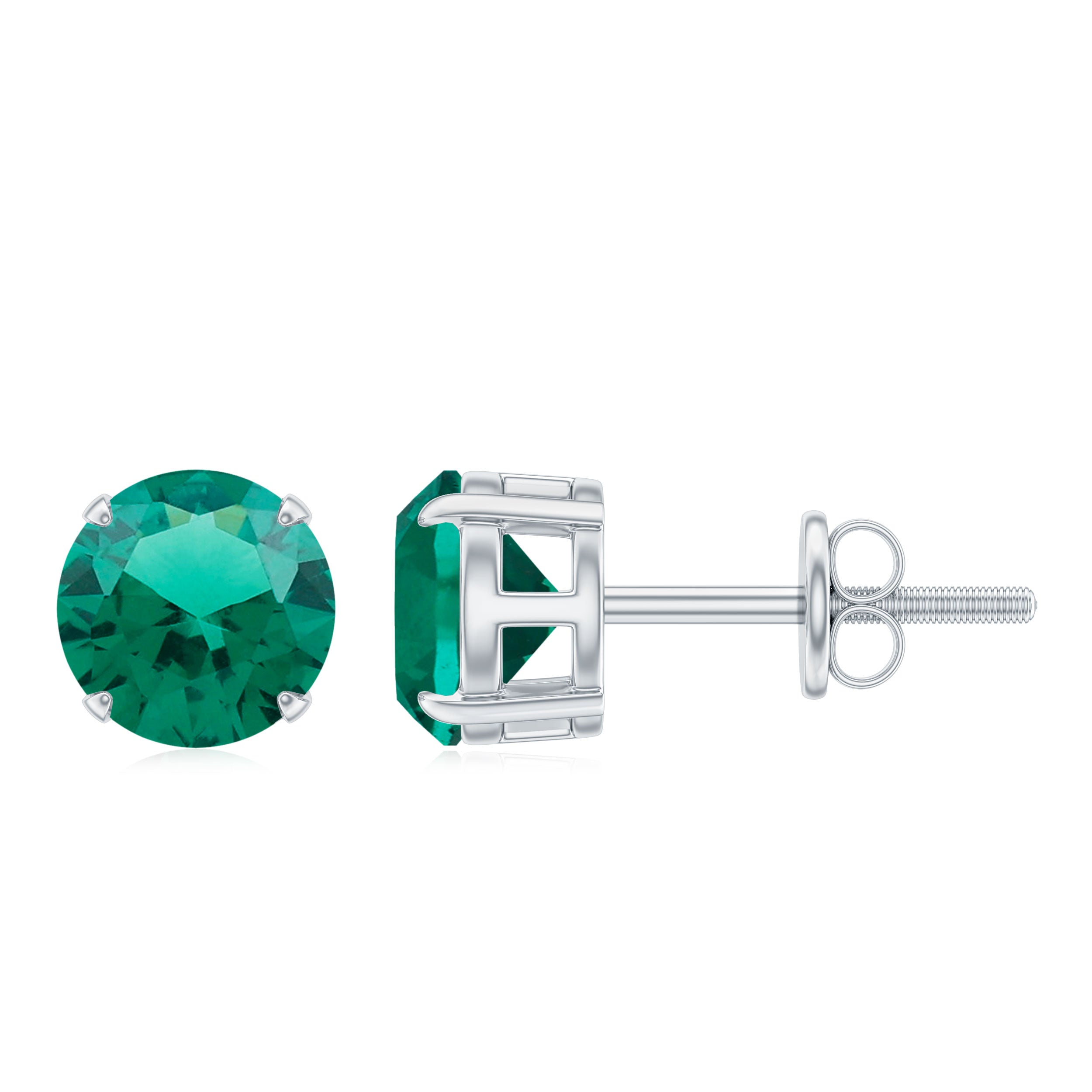 Elegant Created Emerald Solitaire Stud Silver Earrings Lab Created Emerald - ( AAAA ) - Quality 92.5 Sterling Silver - Rosec Jewels