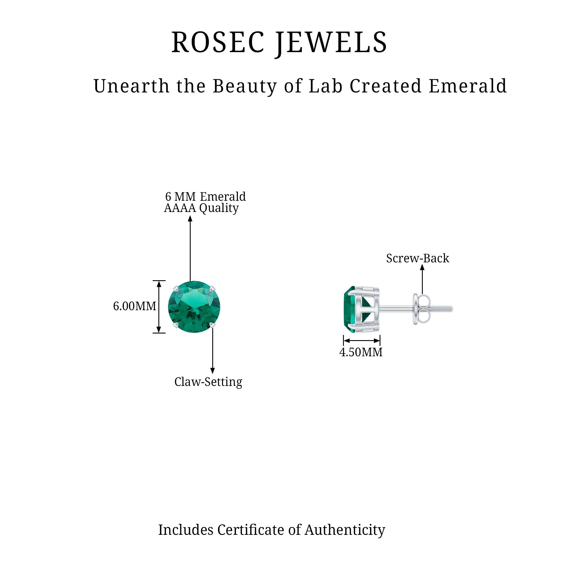 Elegant Created Emerald Solitaire Stud Silver Earrings Lab Created Emerald - ( AAAA ) - Quality 92.5 Sterling Silver - Rosec Jewels