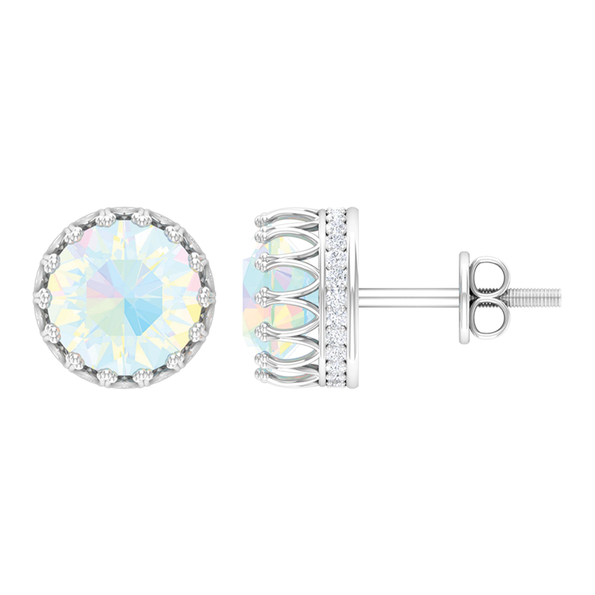 Solitaire Ethiopian Opal and Moissanite Silver Crown Stud Earrings Ethiopian Opal - ( AAA ) - Quality 92.5 Sterling Silver - Rosec Jewels