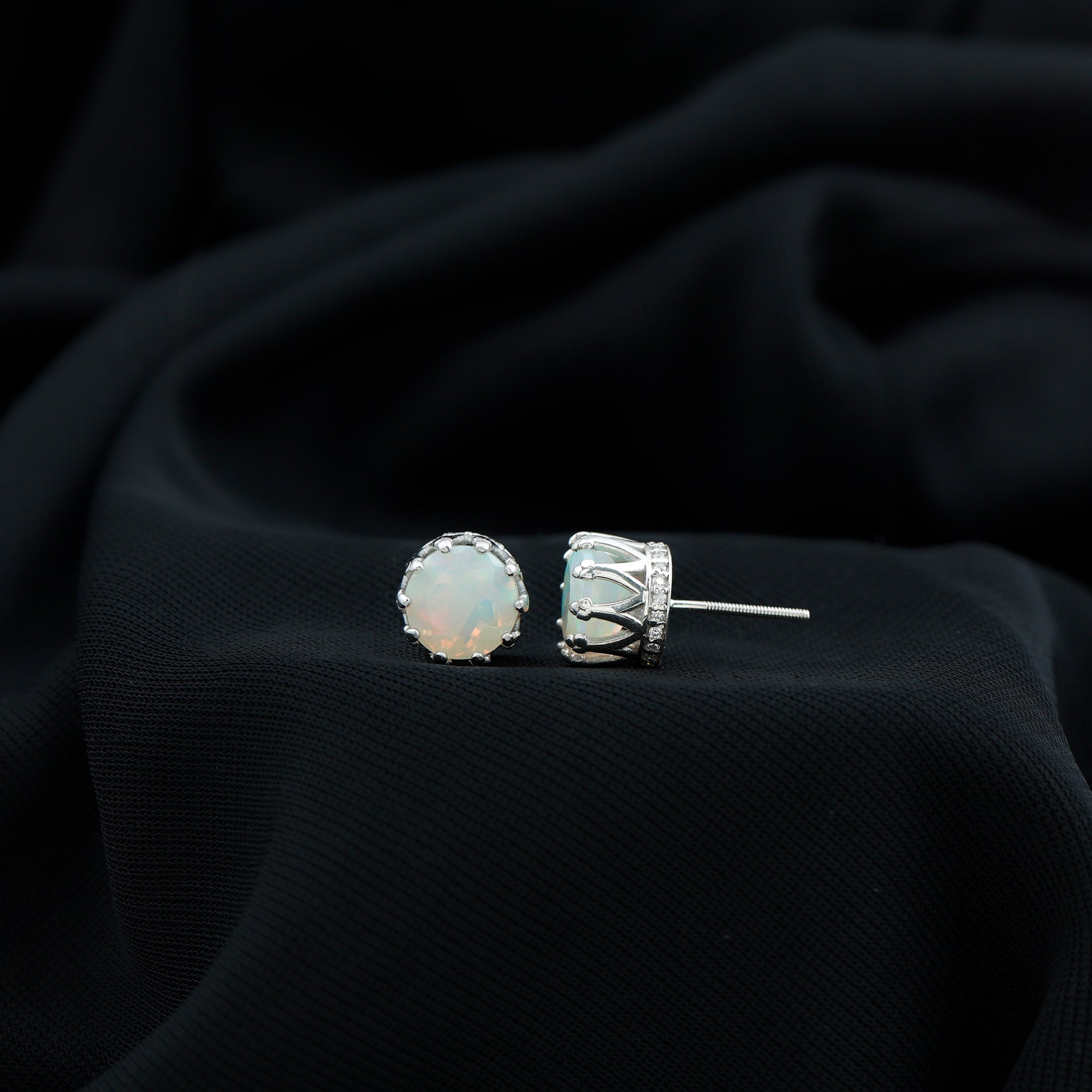 Solitaire Ethiopian Opal and Moissanite Silver Crown Stud Earrings Ethiopian Opal - ( AAA ) - Quality 92.5 Sterling Silver - Rosec Jewels