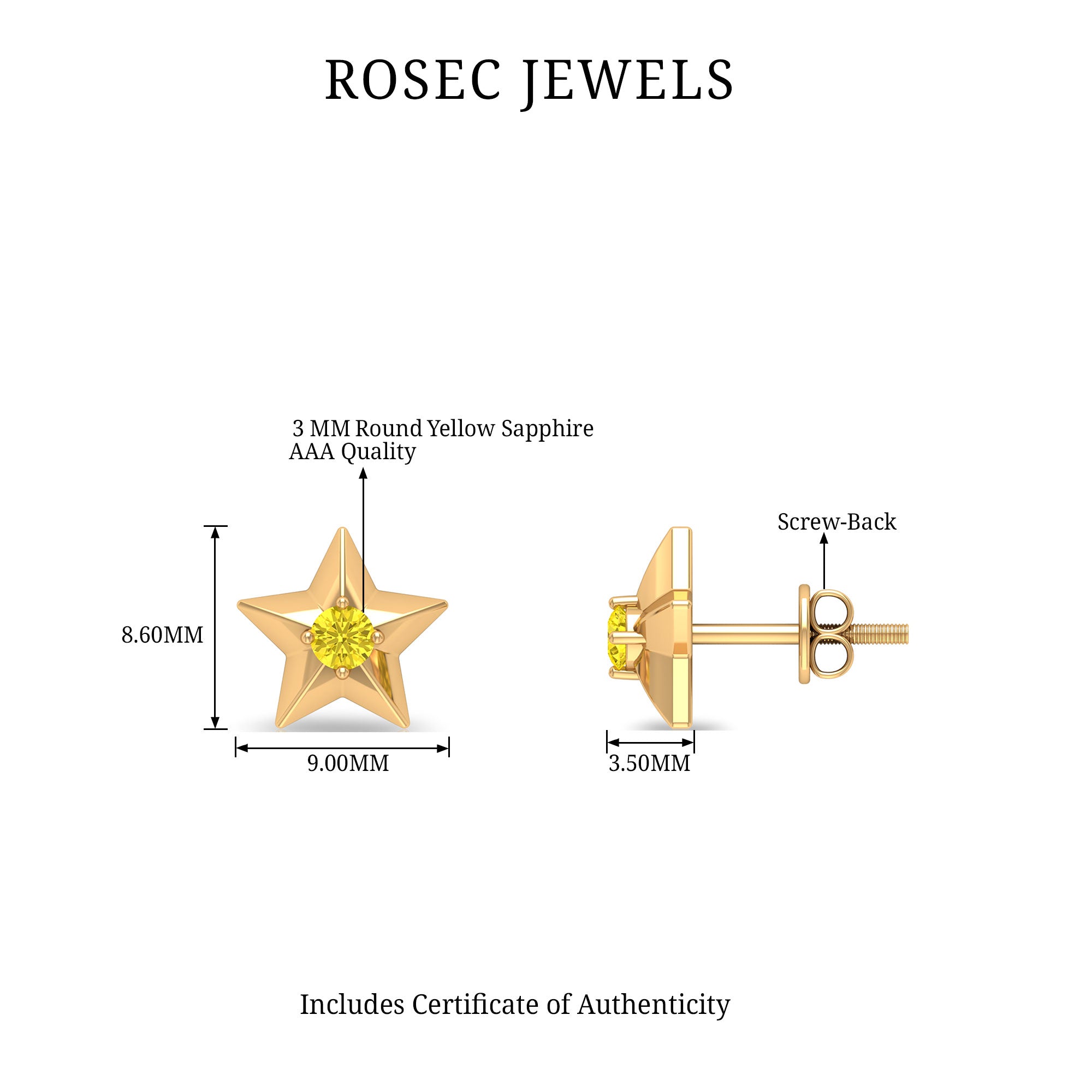 Star Stud Earrings with Yellow Sapphire Yellow Sapphire - ( AAA ) - Quality - Rosec Jewels