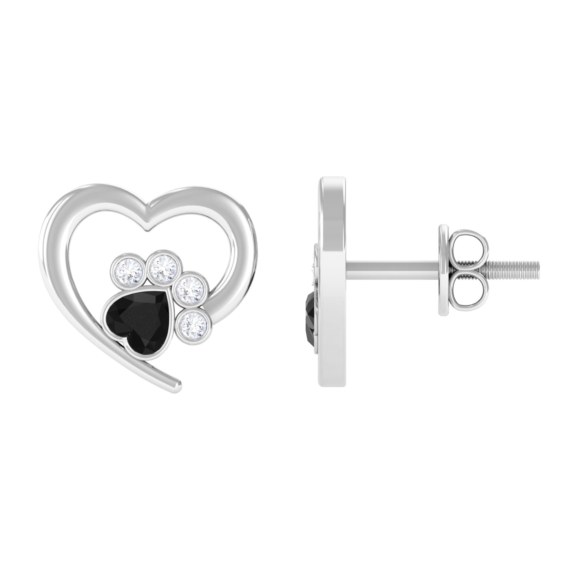 3/4 CT Bezel Set Heart Shape Black Spinel Silver Paw Stud Earrings with Moissanite Black Spinel - ( AAA ) - Quality 92.5 Sterling Silver - Rosec Jewels