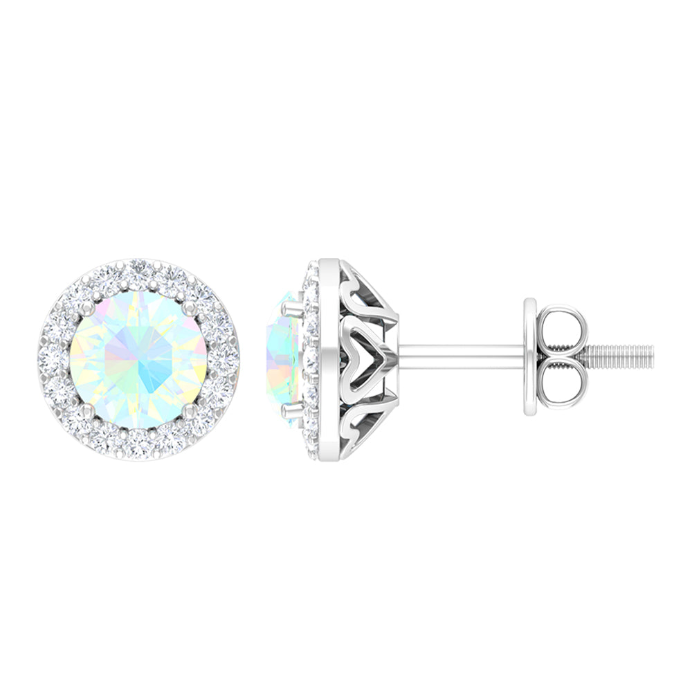 Rosec Jewels-1.25 CT Classic Ethiopian Opal and Moissanite Halo Stud Earrings