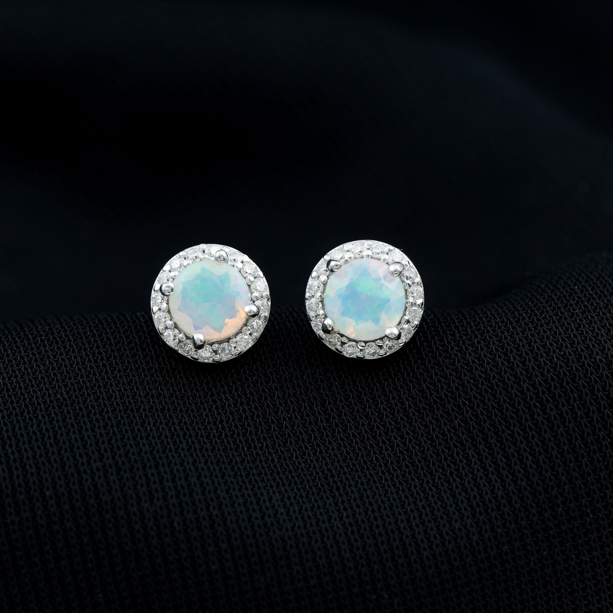 1.25 CT Classic Ethiopian Opal and Moissanite Halo Stud Earrings in Silver Ethiopian Opal - ( AAA ) - Quality 92.5 Sterling Silver - Rosec Jewels