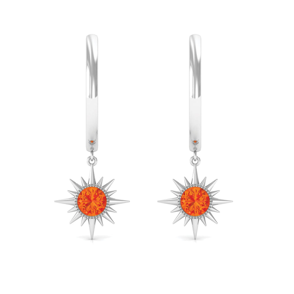 3/4 CT Milgrain Bezel Set Orange Sapphire Sunburst Drop Hoop Earrings Orange Sapphire - ( AAA ) - Quality - Rosec Jewels