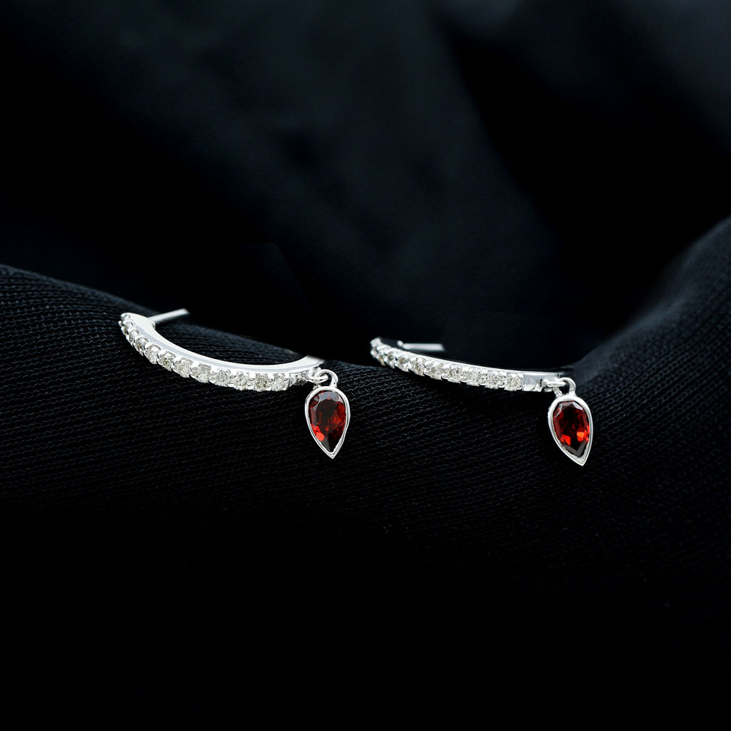 1 CT Minimal Garnet Drop Hinged Hoop Earrings with Diamond Accent Garnet - ( AAA ) - Quality - Rosec Jewels