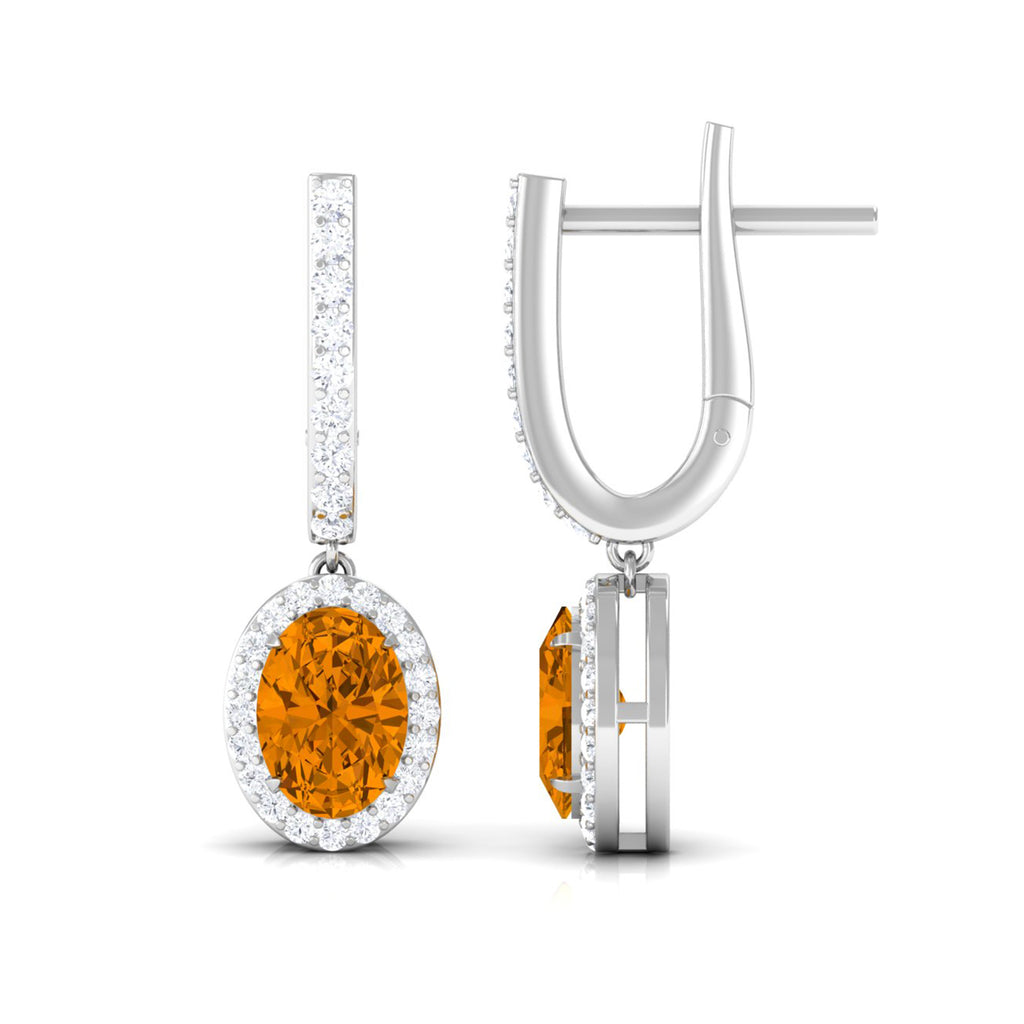 Classic Oval Citrine Hoop Drop Earrings with Moissanite Halo Citrine - ( AAA ) - Quality - Rosec Jewels
