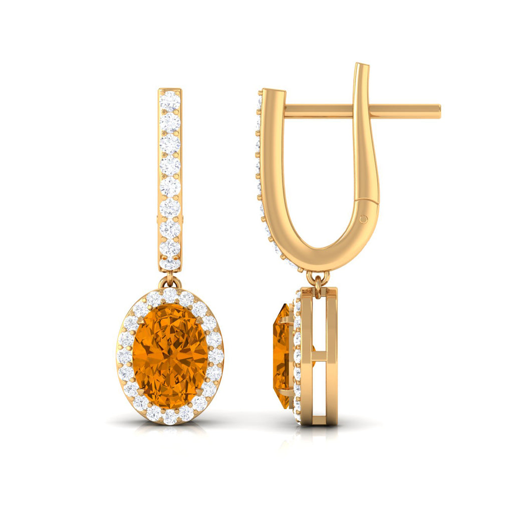 Classic Oval Citrine Hoop Drop Earrings with Moissanite Halo Citrine - ( AAA ) - Quality - Rosec Jewels