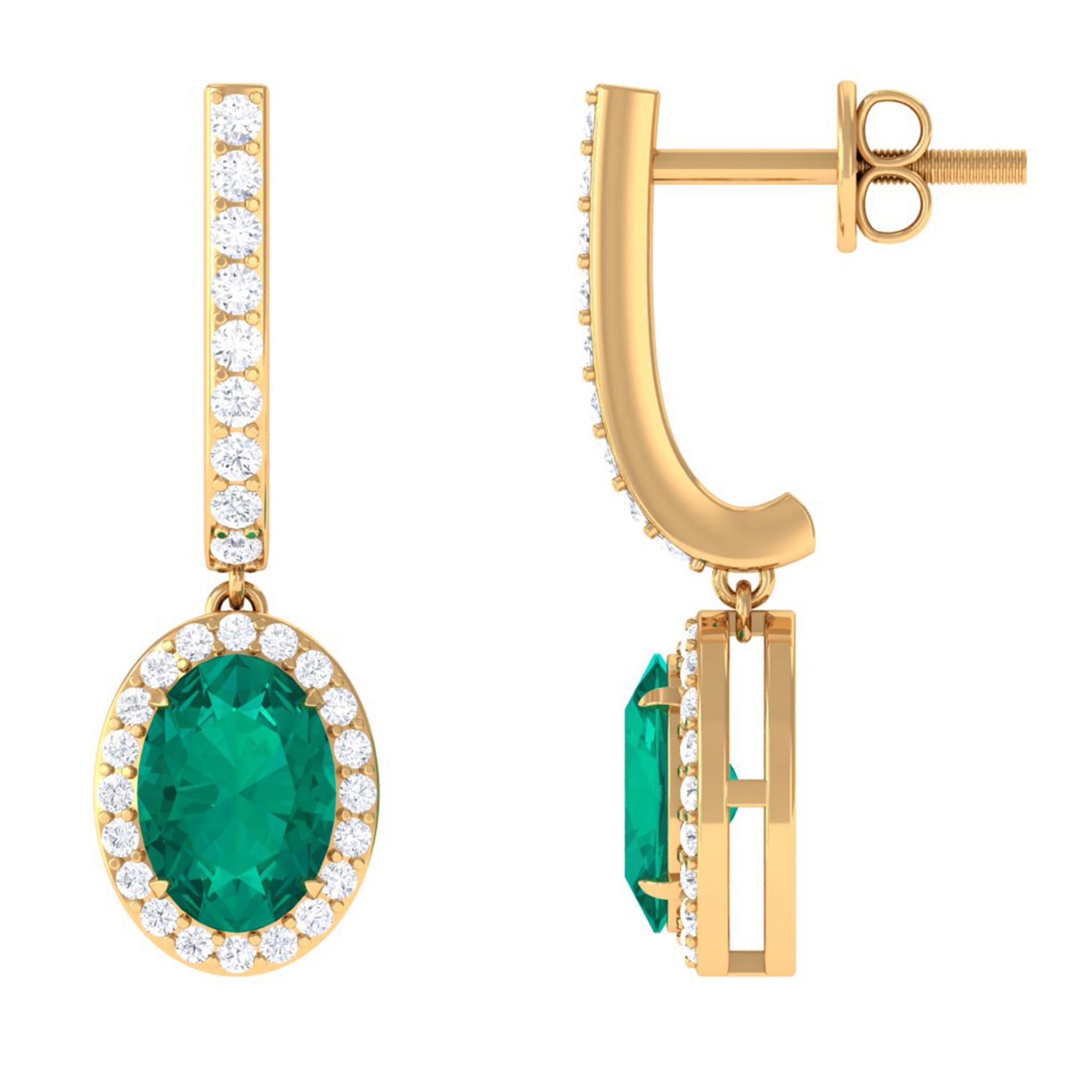 1.75 CT Classic Emerald J Hoop Drop Earrings with Diamond Emerald - ( AAA ) - Quality - Rosec Jewels