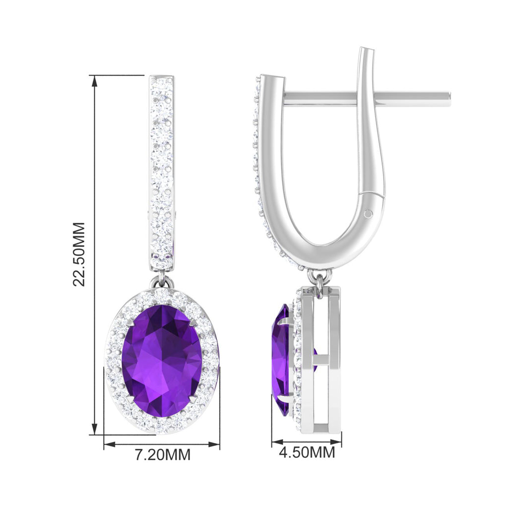 Oval Amethyst Hoop Drop Earrings with Diamond Halo Amethyst - ( AAA ) - Quality - Rosec Jewels