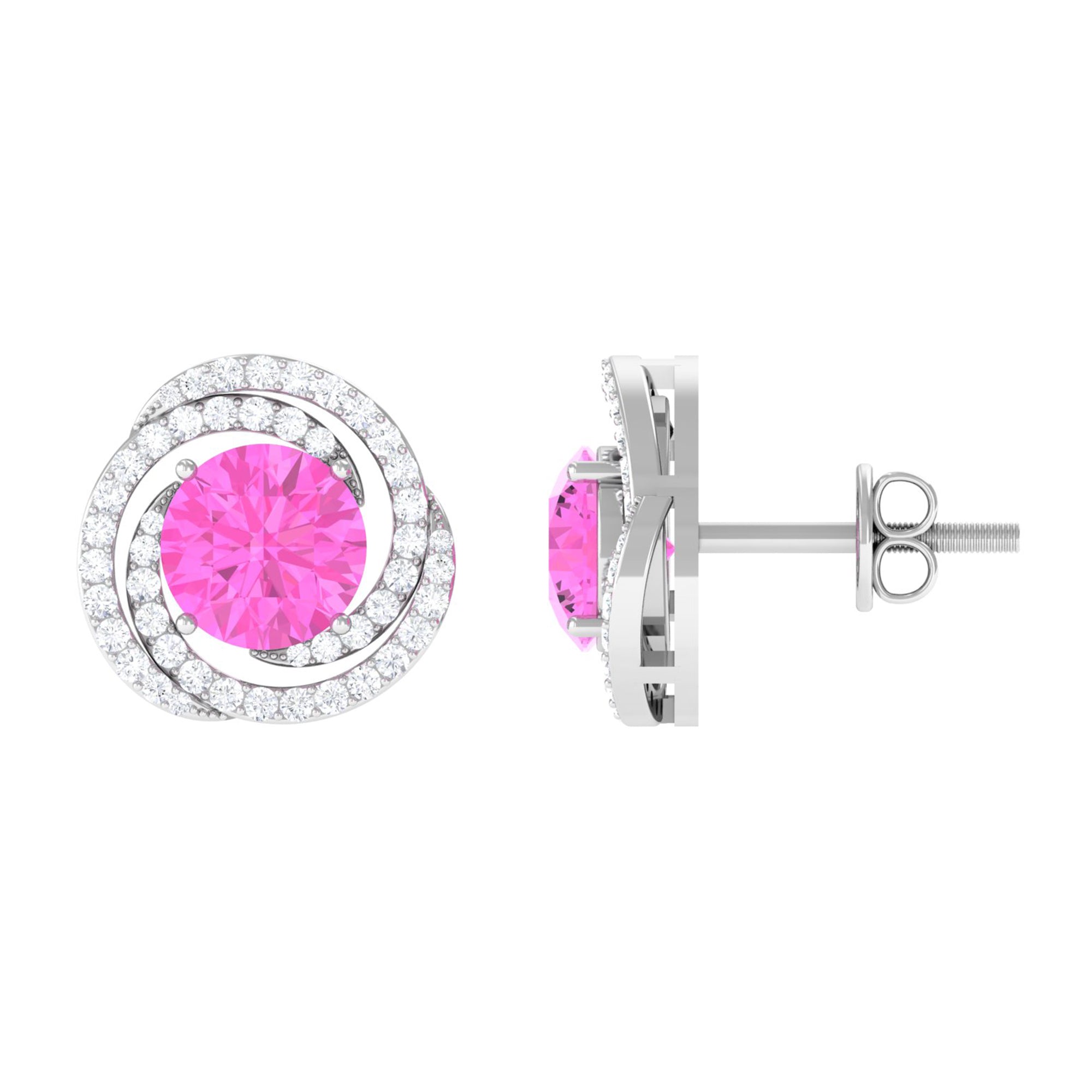 Pink Sapphire and Diamond Swirl Stud Earrings Pink Sapphire - ( AAA ) - Quality - Rosec Jewels