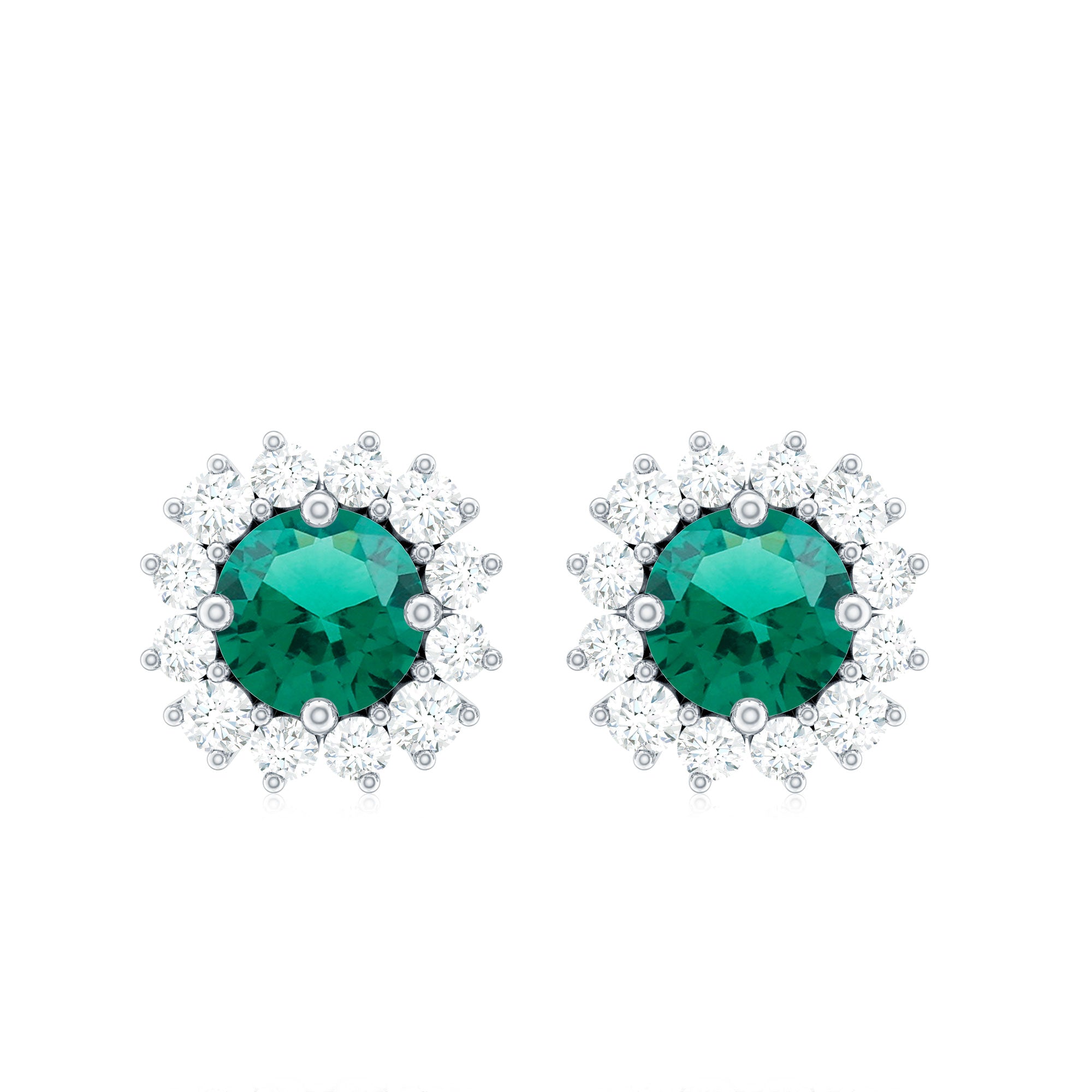 Classic Created Emerald and Diamond Halo Stud Earrings Lab Created Emerald - ( AAAA ) - Quality - Rosec Jewels