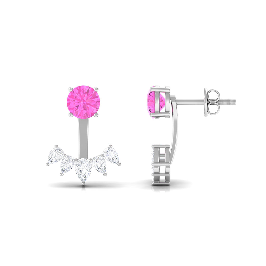 Real Pink Sapphire and Moissanite Jacket Earrings Pink Sapphire - ( AAA ) - Quality - Rosec Jewels