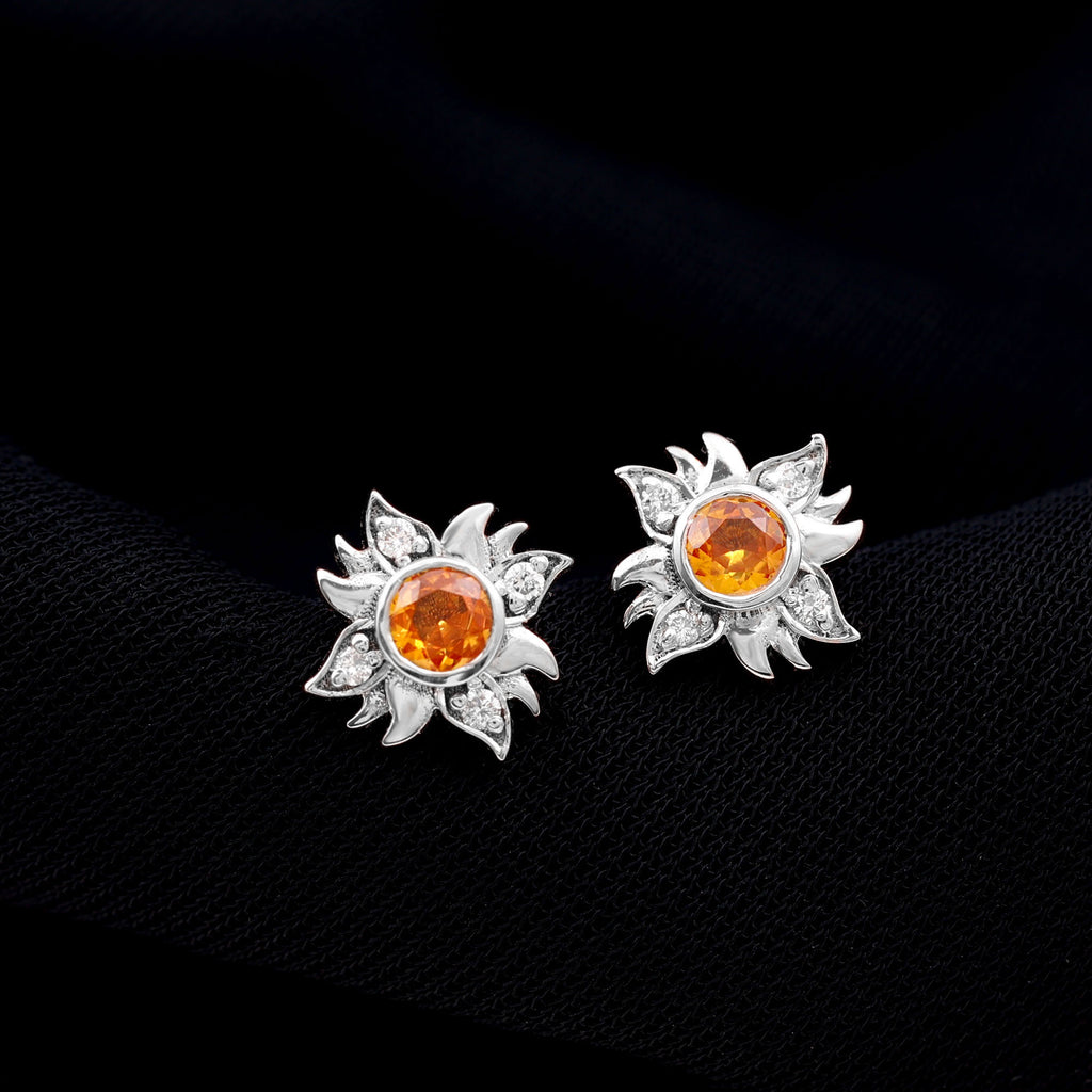 1/2 CT Round Shape Orange Sapphire and Diamond Sunburst Stud Earrings Orange Sapphire - ( AAA ) - Quality - Rosec Jewels