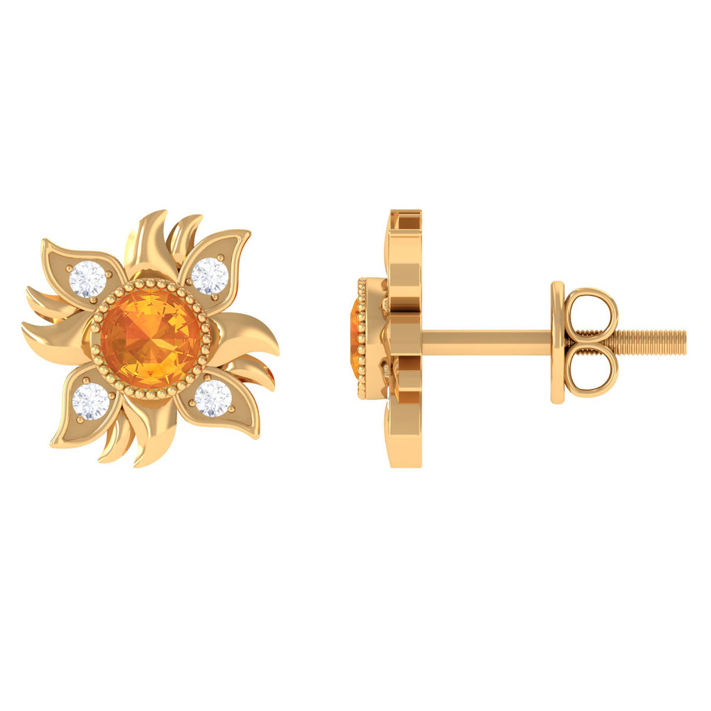 1/2 CT Round Shape Orange Sapphire and Diamond Sunburst Stud Earrings Orange Sapphire - ( AAA ) - Quality - Rosec Jewels