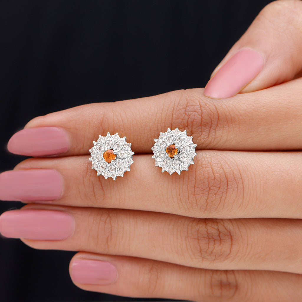 Round Shape Orange Sapphire and Diamond Floral Stud Earrings Orange Sapphire - ( AAA ) - Quality - Rosec Jewels