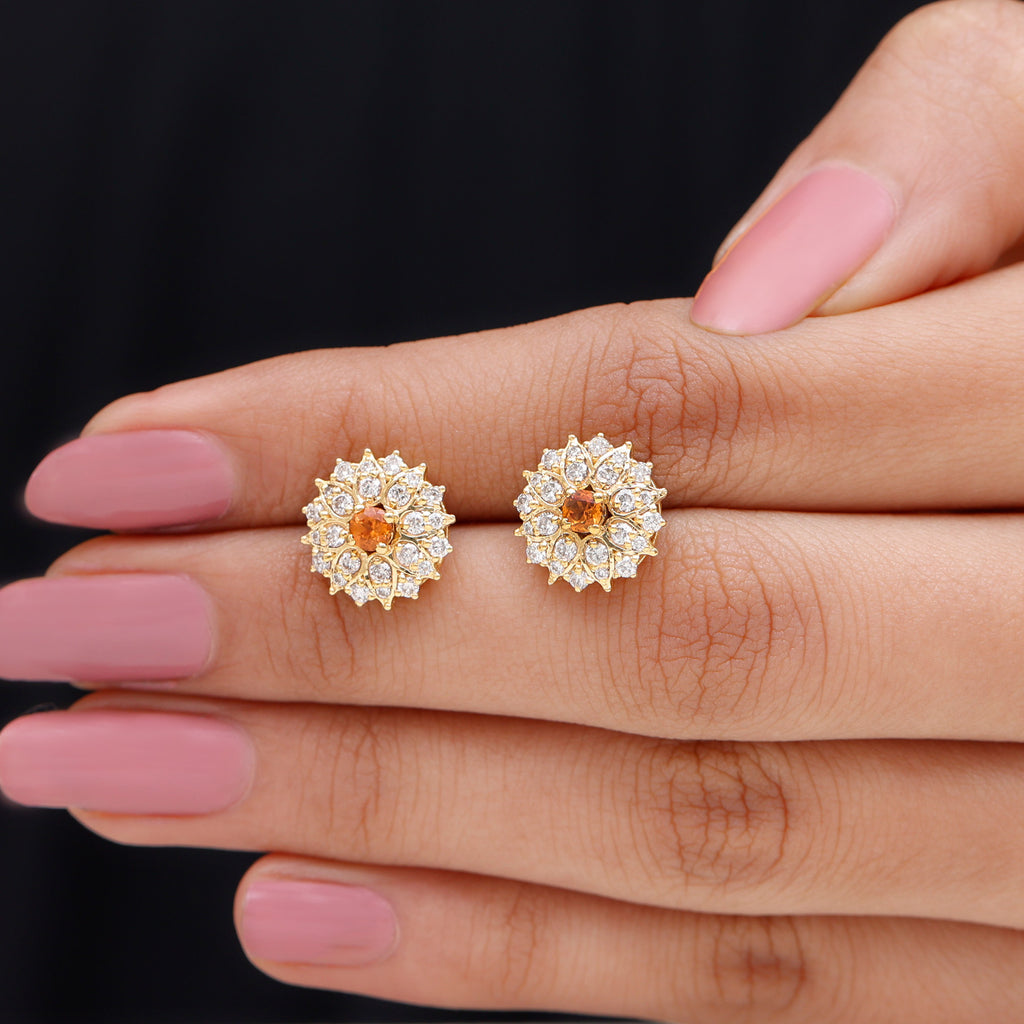 Round Shape Orange Sapphire and Diamond Floral Stud Earrings Orange Sapphire - ( AAA ) - Quality - Rosec Jewels