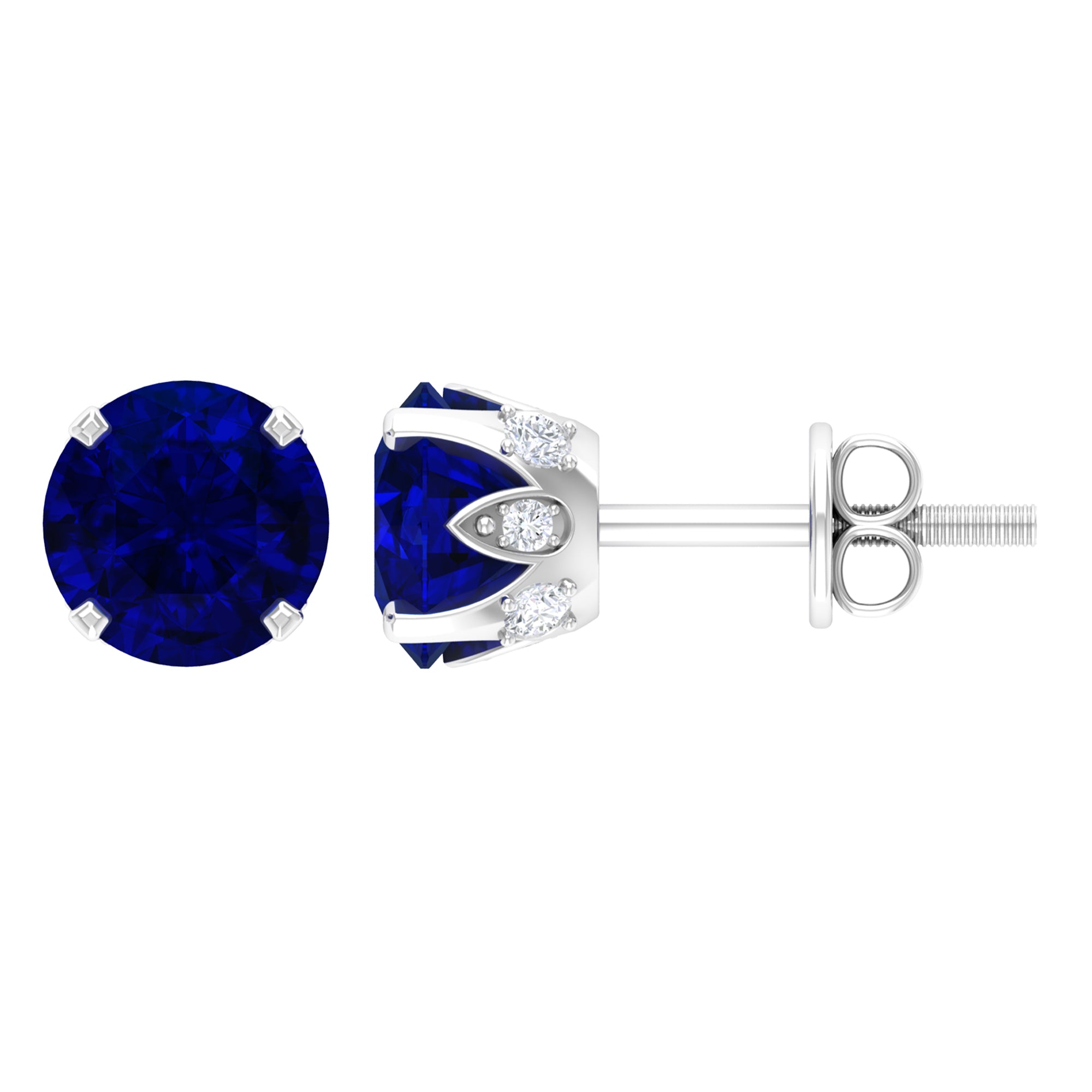 Round Cut Created Blue Sapphire Silver Solitaire Stud Earrings with Moissanite Accent Lab Created Blue Sapphire - ( AAAA ) - Quality 92.5 Sterling Silver - Rosec Jewels