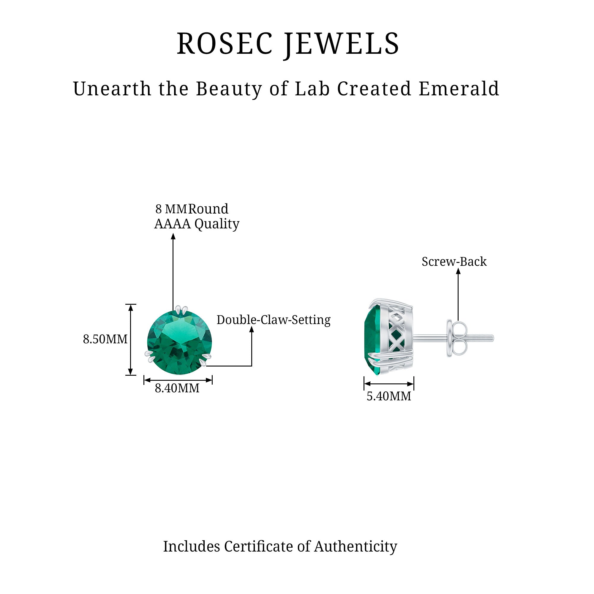 8 MM Created Emerald Solitaire Silver Stud Earrings in Double Claw Setting Lab Created Emerald - ( AAAA ) - Quality 92.5 Sterling Silver - Rosec Jewels