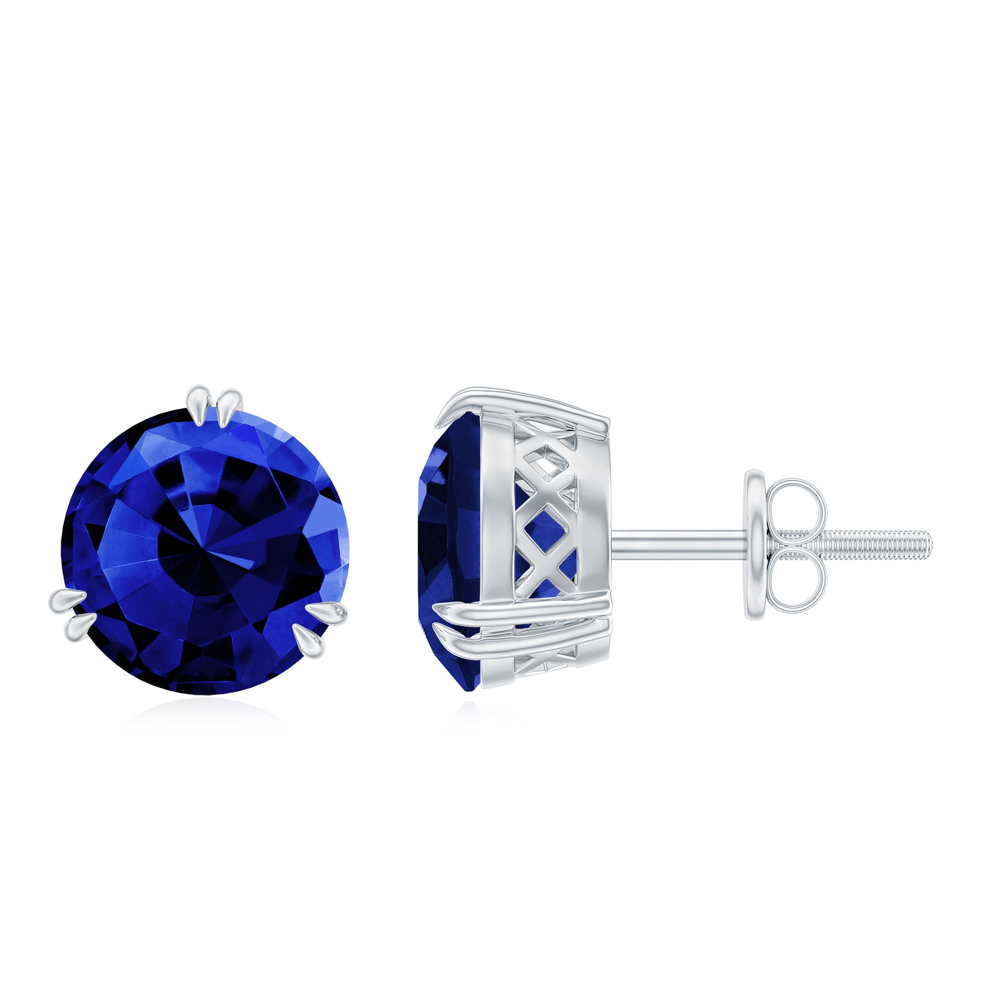 Double Claw Set Round Created Blue Sapphire Silver Solitaire Stud Earrings Lab Created Blue Sapphire - ( AAAA ) - Quality 92.5 Sterling Silver - Rosec Jewels