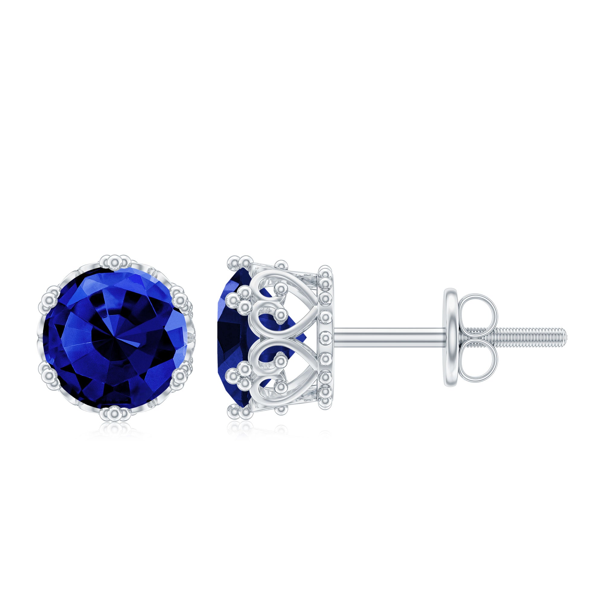 2 CT Created Blue Sapphire Solitaire Silver Crown Stud Earrings Lab Created Blue Sapphire - ( AAAA ) - Quality 92.5 Sterling Silver - Rosec Jewels