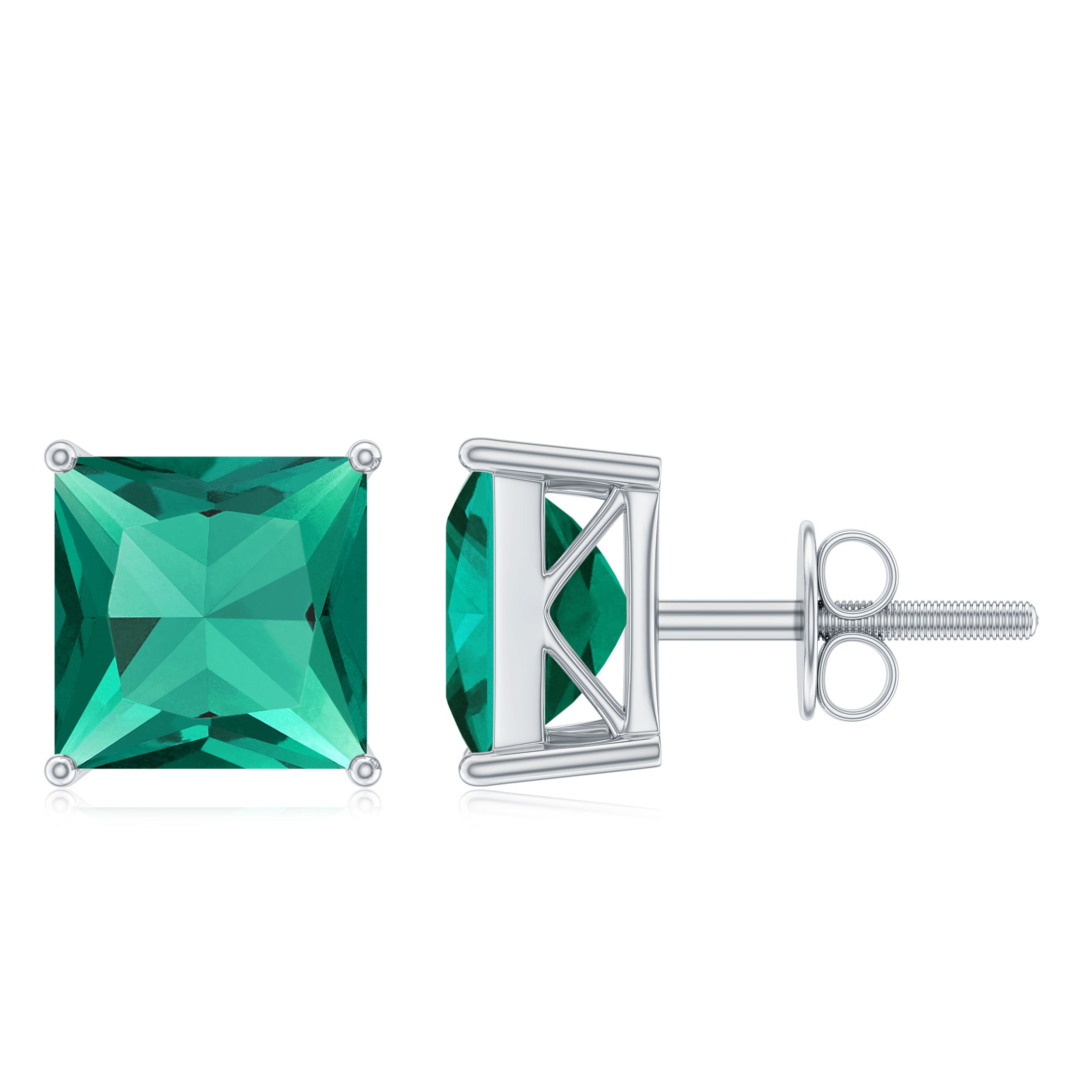 4.75 CT Princess Cut Created Emerald Solitaire Stud Earring in Silver Lab Created Emerald - ( AAAA ) - Quality 92.5 Sterling Silver - Rosec Jewels