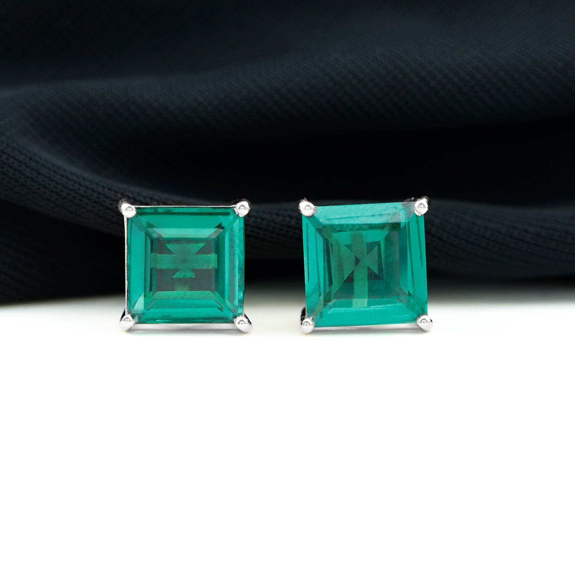 Princess Cut Lab Grown Emerald Solitaire Stud Earrings Lab Created Emerald - ( AAAA ) - Quality - Rosec Jewels