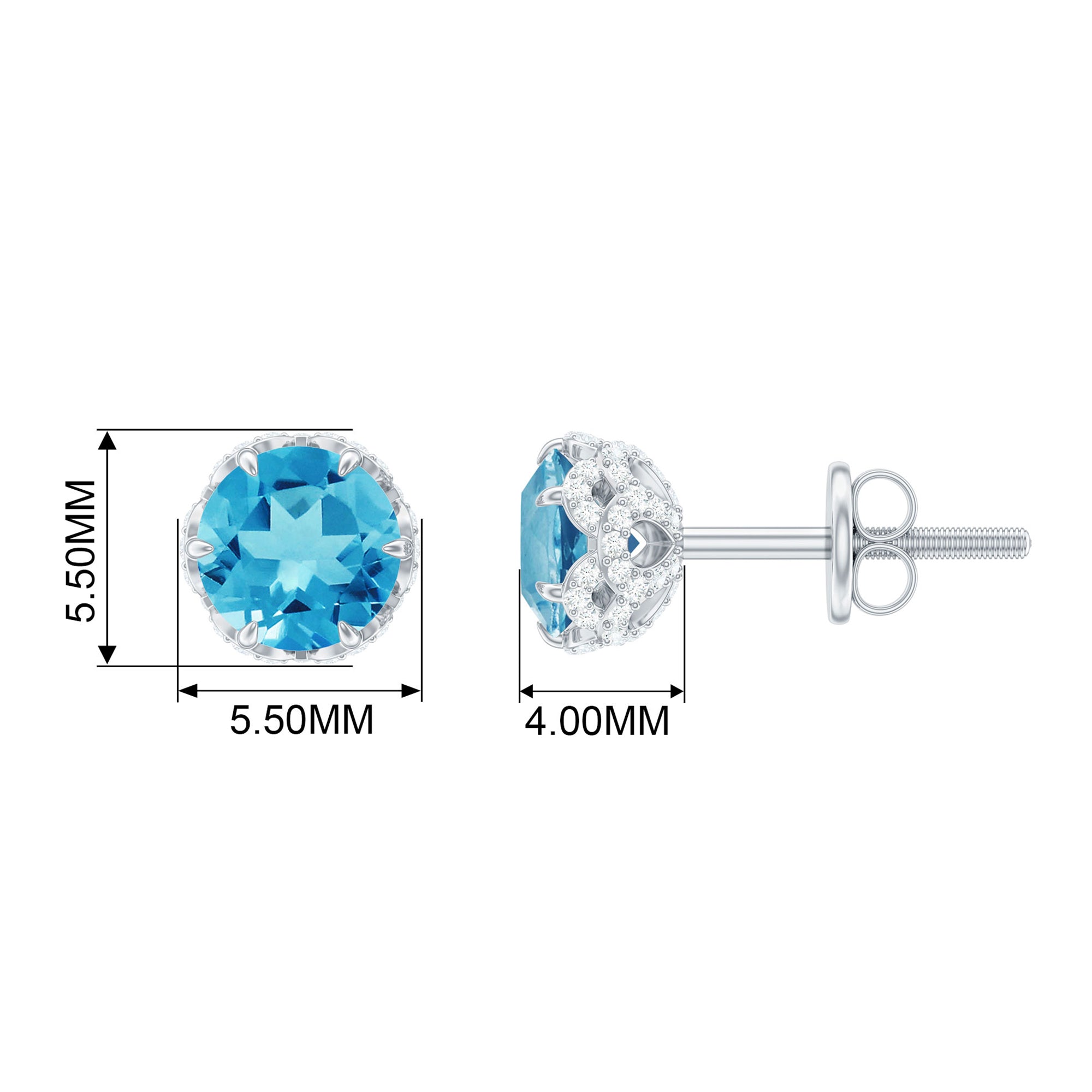 Lotus Basket Set Swiss Blue Topaz Solitaire Stud Earrings with Diamond Accent Swiss Blue Topaz - ( AAA ) - Quality - Rosec Jewels