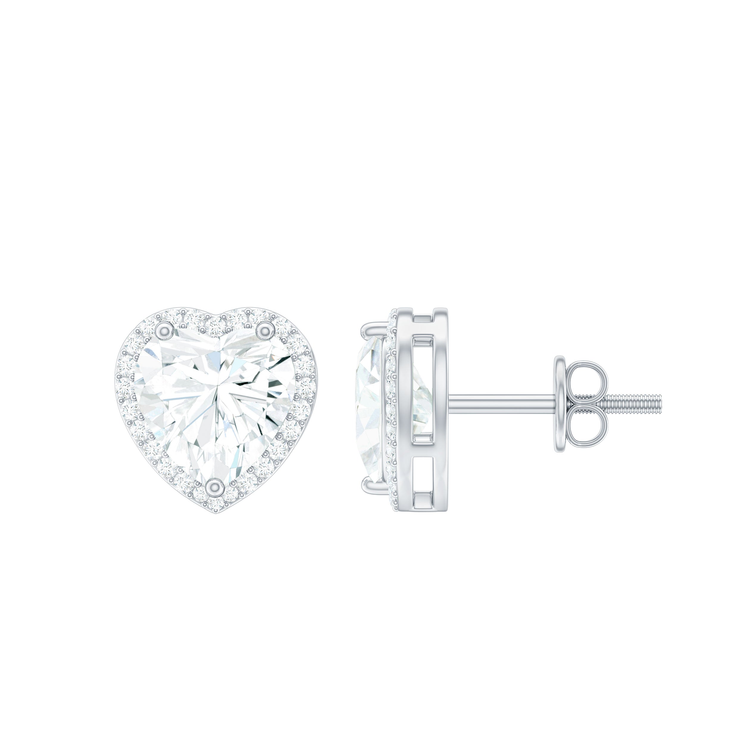 Elegant Heart Shape Moissanite Stud Earrings with Halo in Silver Moissanite - ( D-VS1 ) - Color and Clarity 92.5 Sterling Silver - Rosec Jewels