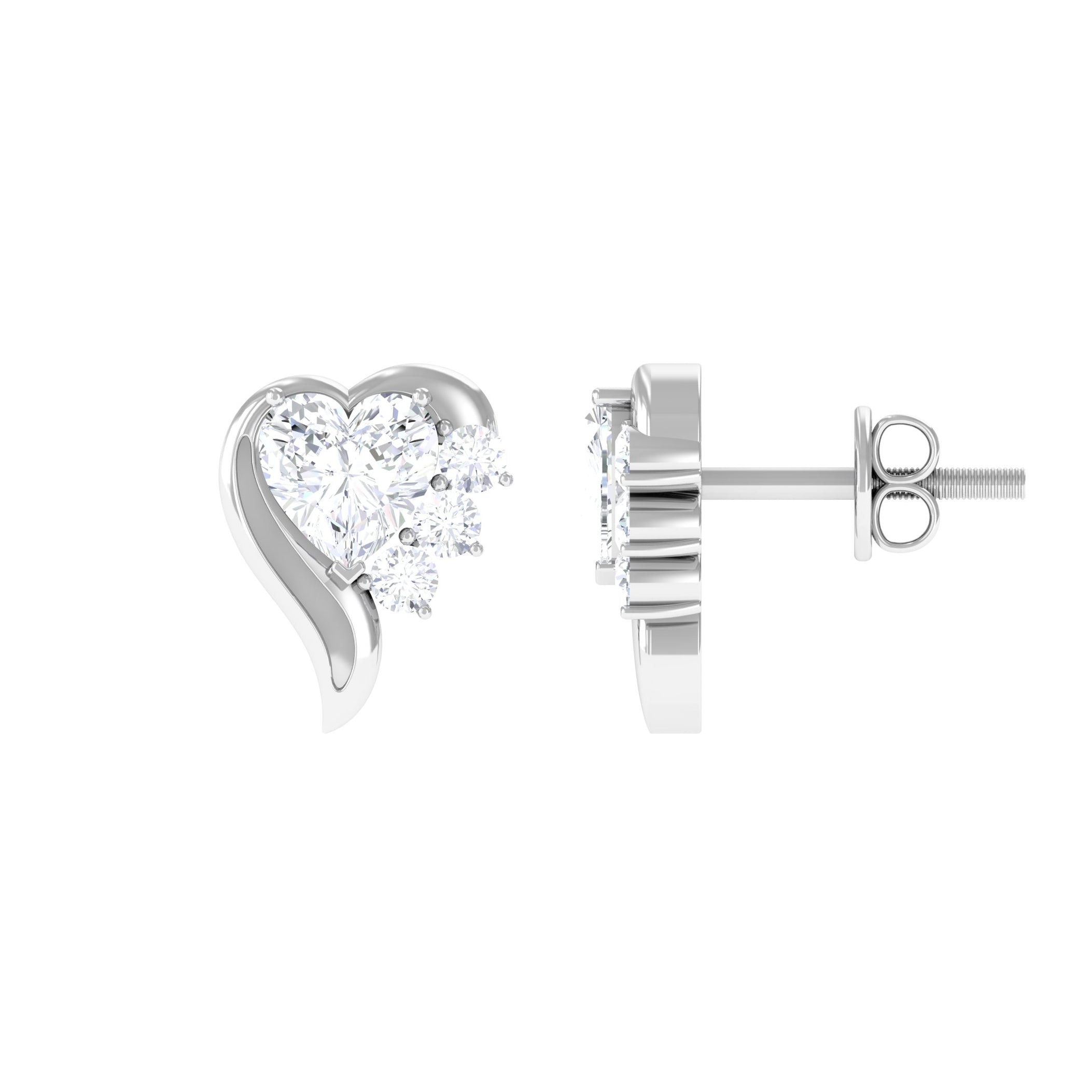 Heart Shape Moissanite Minimal Stud Earrings with Silver Screw Back Moissanite - ( D-VS1 ) - Color and Clarity 92.5 Sterling Silver - Rosec Jewels