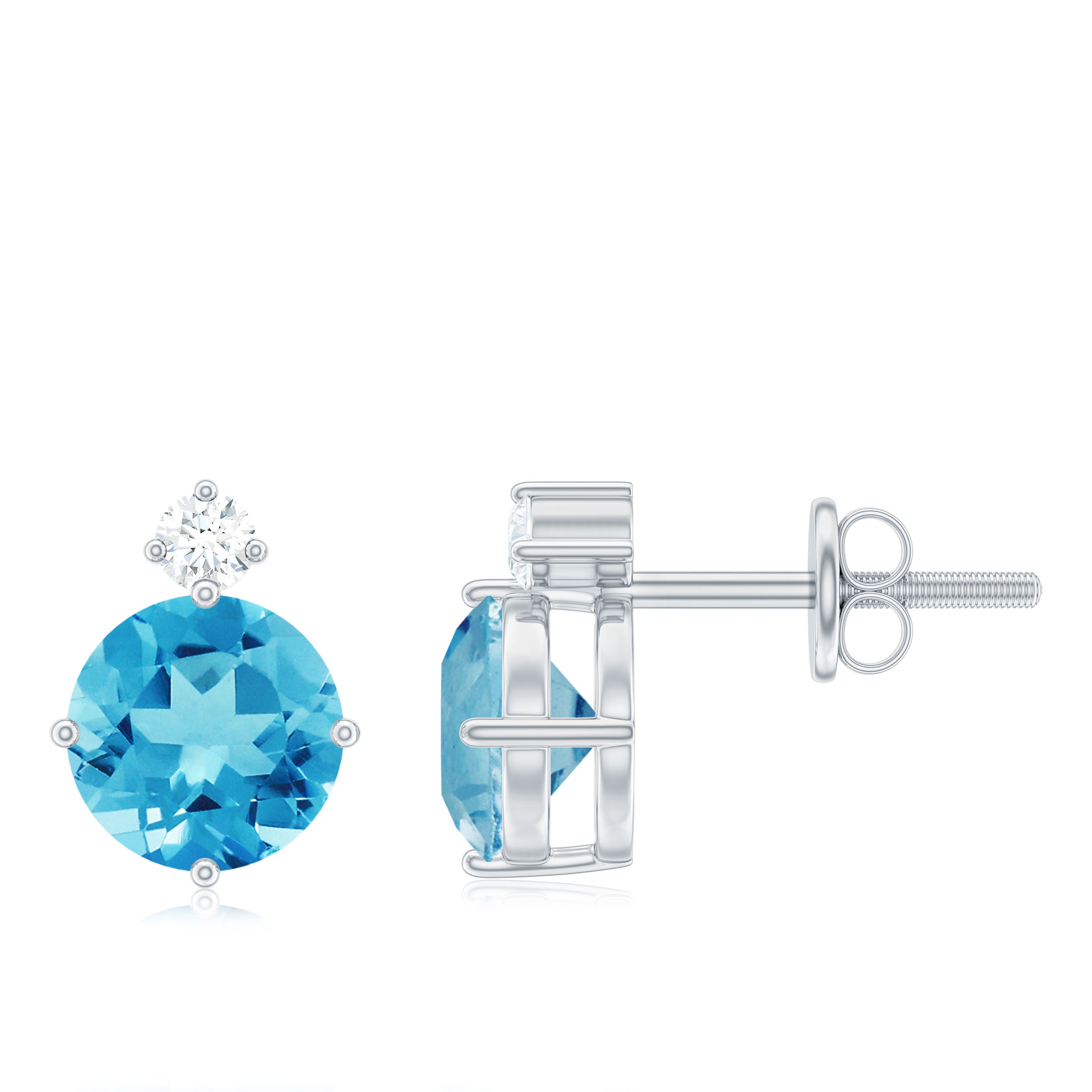 Swiss Blue Topaz Solitaire Silver Stud Earrings with Moissanite Swiss Blue Topaz - ( AAA ) - Quality 92.5 Sterling Silver - Rosec Jewels