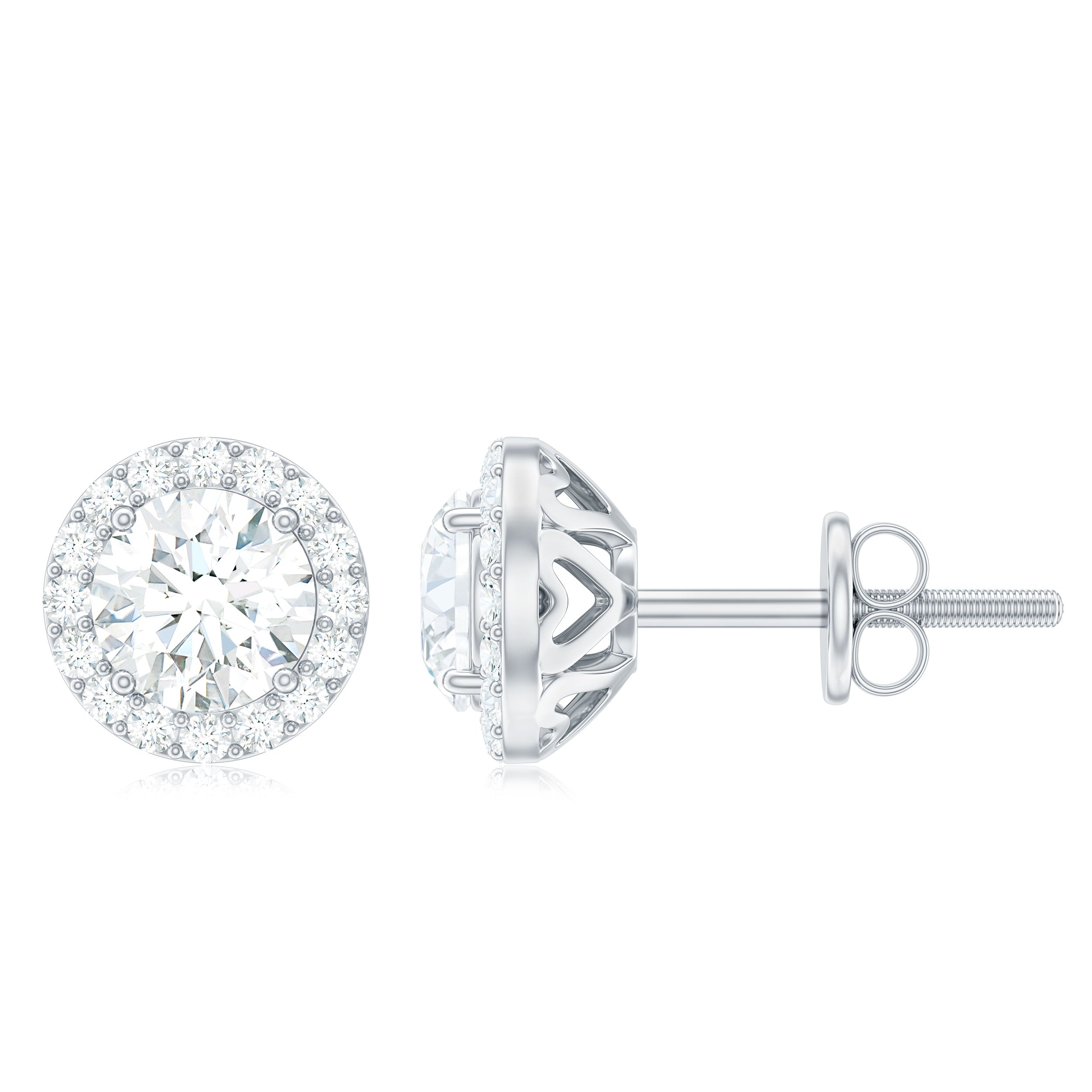 Certified Moissanite Halo Stud Earrings Moissanite - ( D-VS1 ) - Color and Clarity 92.5 Sterling Silver - Rosec Jewels