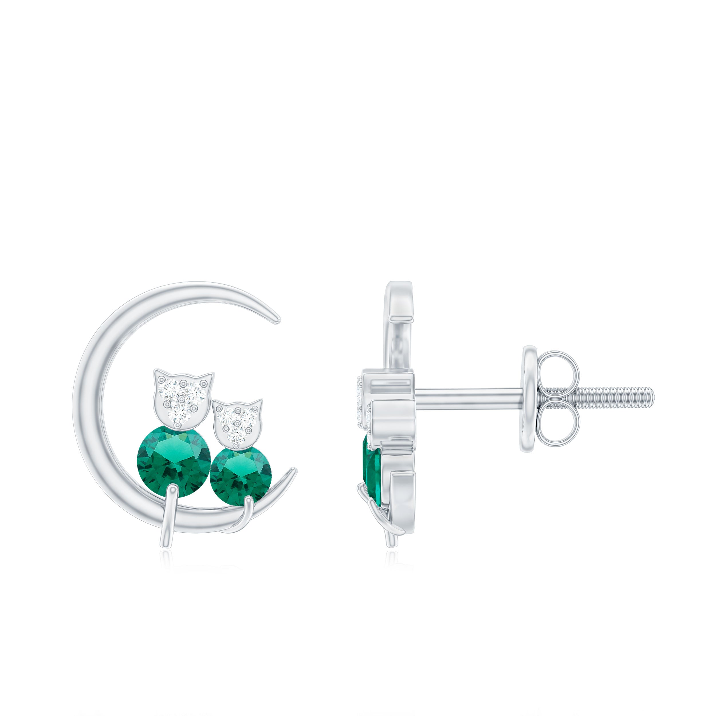Lab-Created Emerald and Moissanite Cat and Moon Silver Stud Earrings Lab Created Emerald - ( AAAA ) - Quality 92.5 Sterling Silver - Rosec Jewels