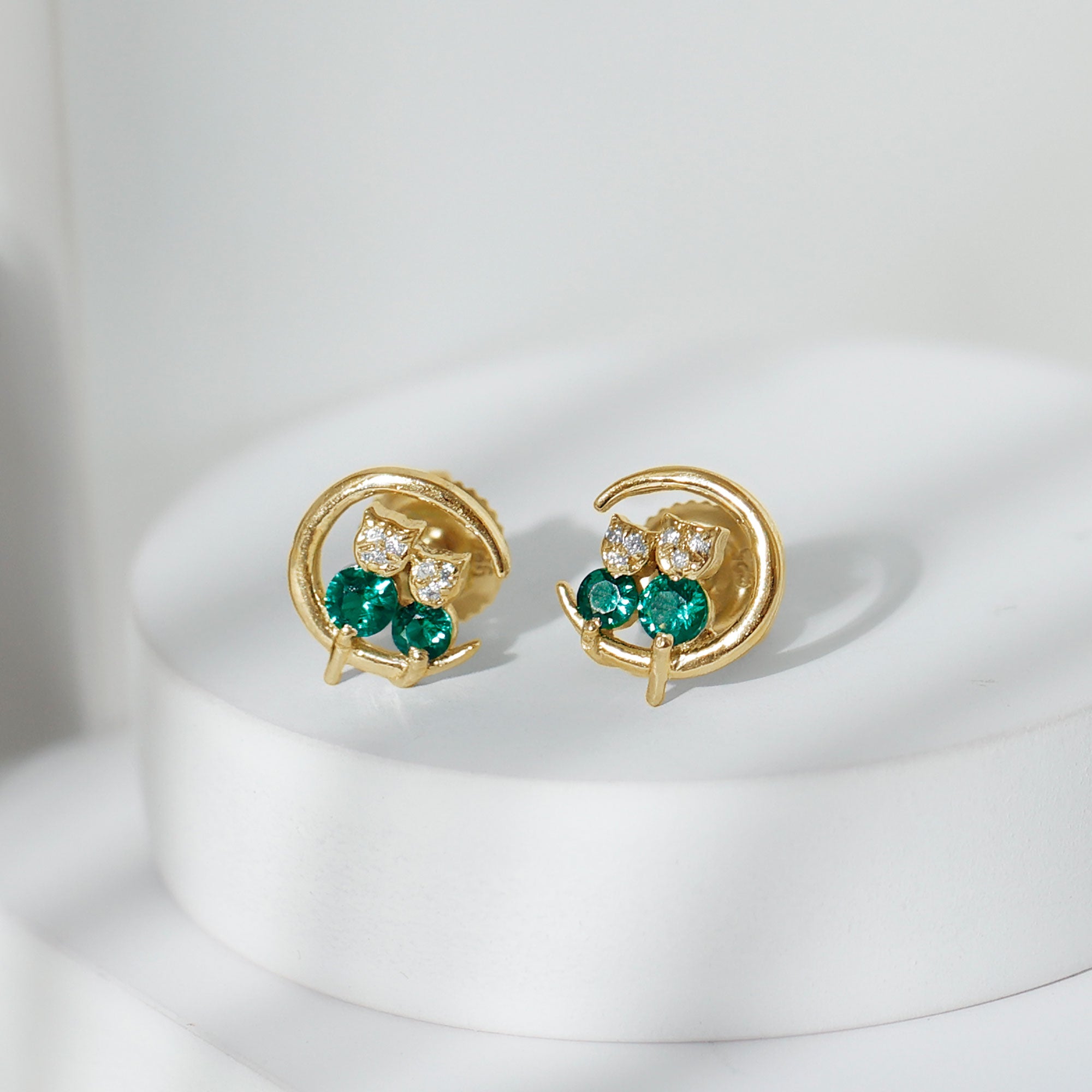 Lab-Created Emerald and Moissanite Cat and Moon Stud Earrings Lab Created Emerald - ( AAAA ) - Quality - Rosec Jewels