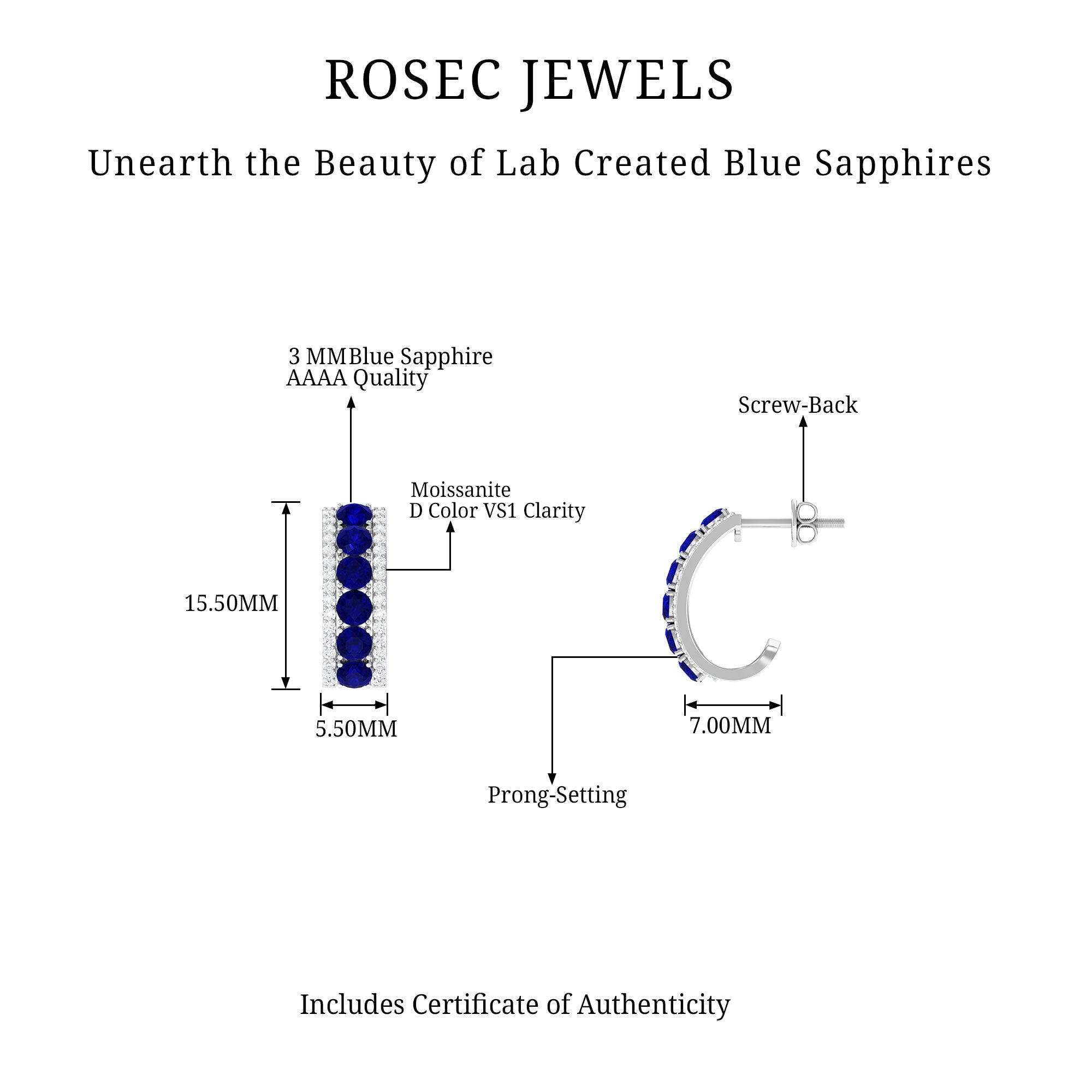 2 CT Created Blue Sapphire and Moissanite Silver J Hoop Earrings Lab Created Blue Sapphire - ( AAAA ) - Quality 92.5 Sterling Silver - Rosec Jewels