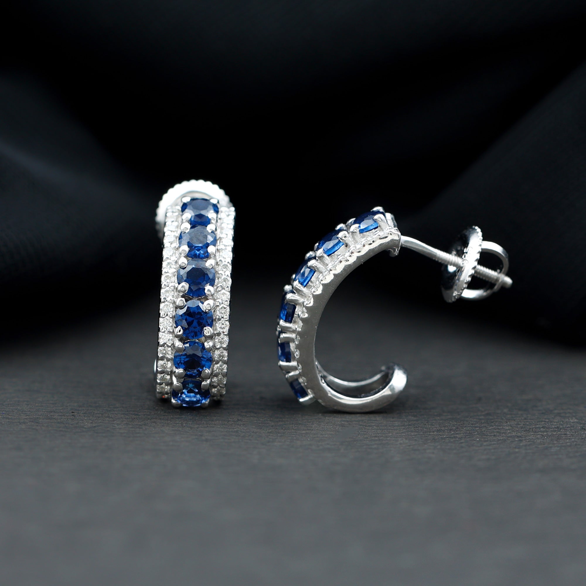 2 CT Created Blue Sapphire and Moissanite Silver J Hoop Earrings Lab Created Blue Sapphire - ( AAAA ) - Quality 92.5 Sterling Silver - Rosec Jewels