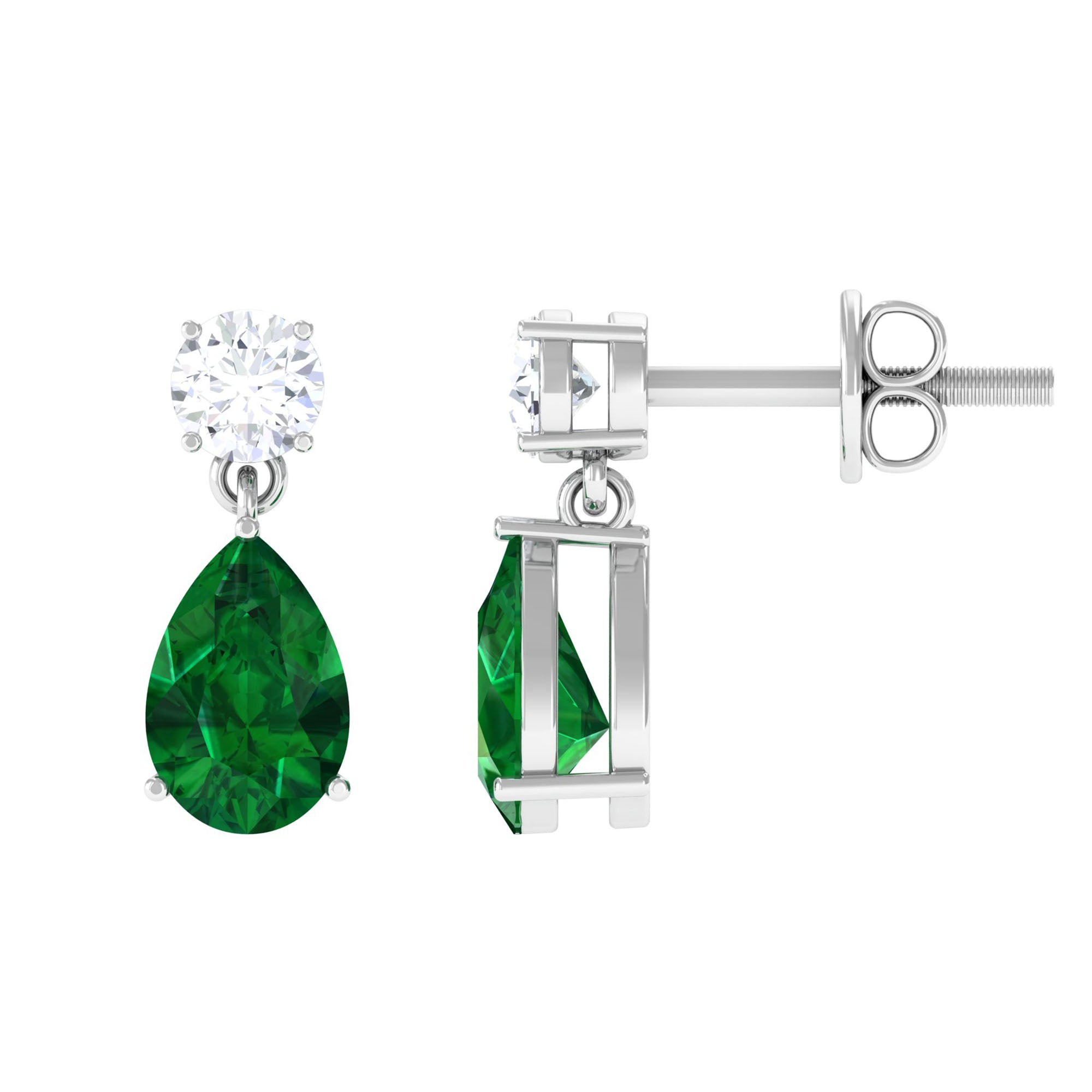 Pear Cut Lab Created Emerald and Moissanite Silver Simple Teardrop Earrings Lab Created Emerald - ( AAAA ) - Quality 92.5 Sterling Silver - Rosec Jewels