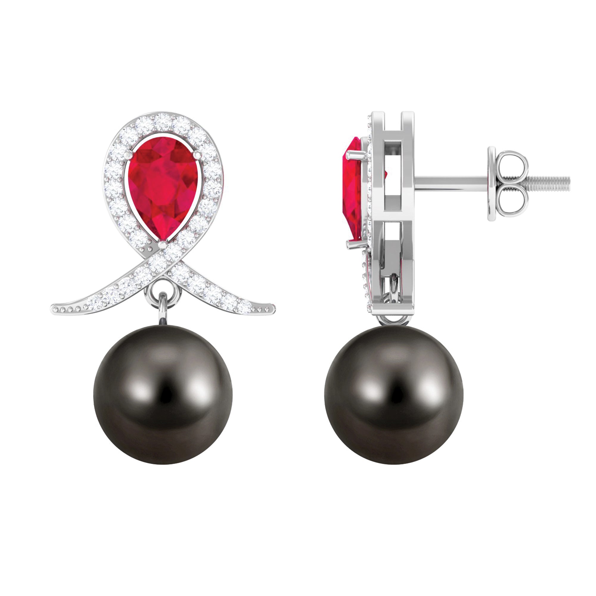 Tahitian Pearl and Created Ruby Silver Drop Earrings with Moissanite Lab Created Ruby - ( AAAA ) - Quality 92.5 Sterling Silver - Rosec Jewels